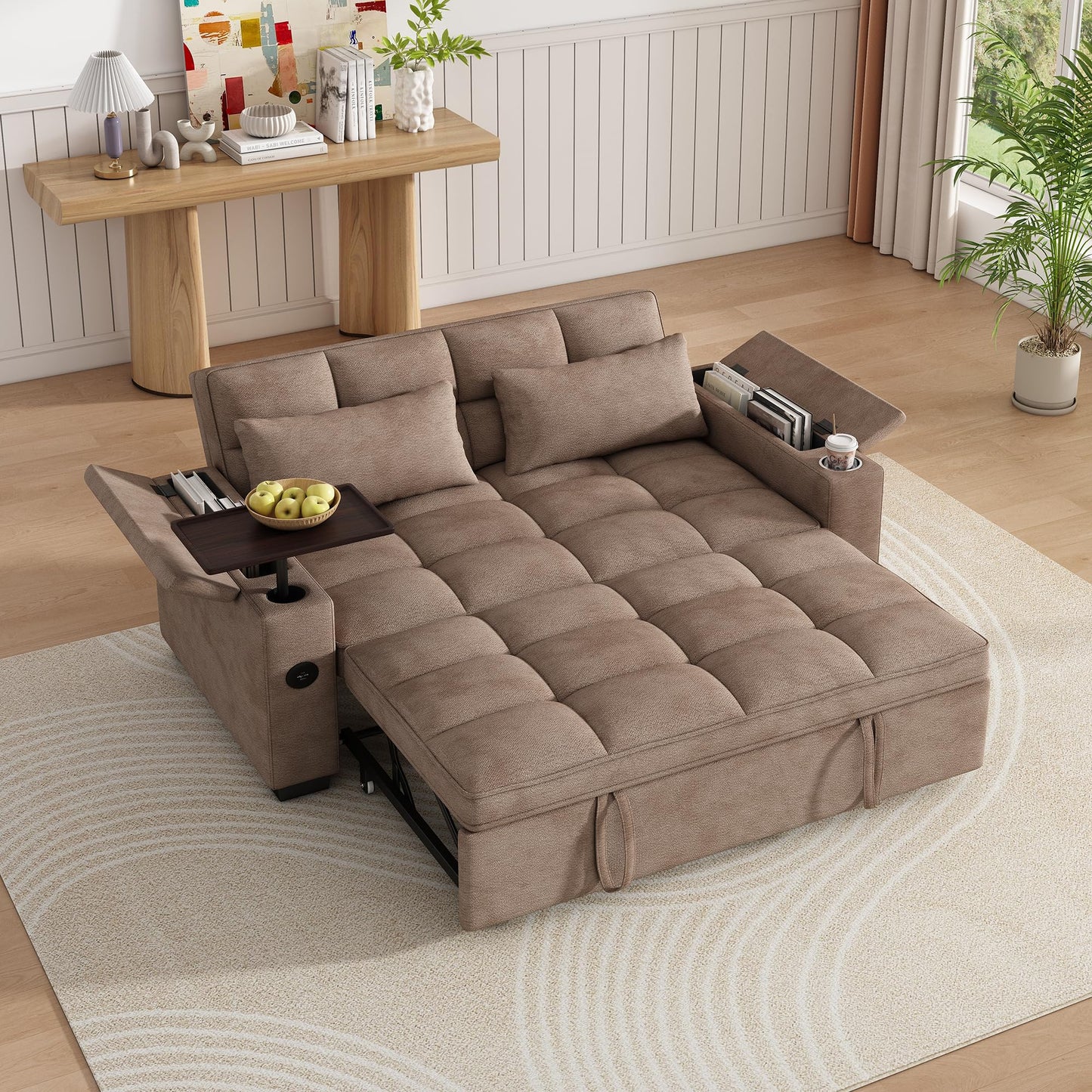 KEIKI 65" 3-in-1 Convertible Sofa Bed, Compact Sleeper Couch with Pull-Out Design, Rotating Side Table, USB Charging Ports & Storage Armrests for Guest Room & Small Spaces