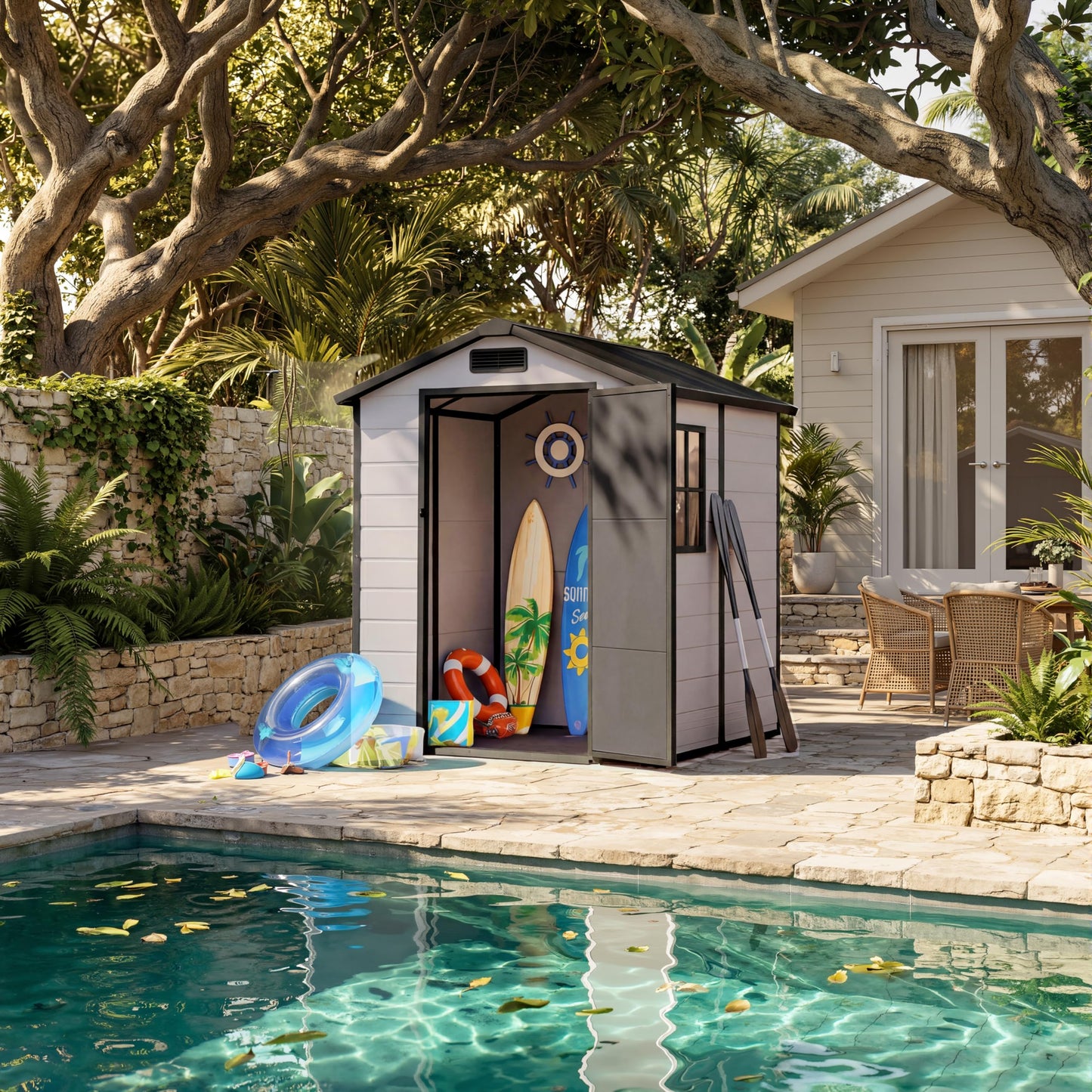 4x6 FT Outdoor Storage Shed, Large Waterproof Resin Garden Shed with Lockable Door Vents Window for Patio Lawn Mower Bike Tool Backyard Organization, Gray + Black