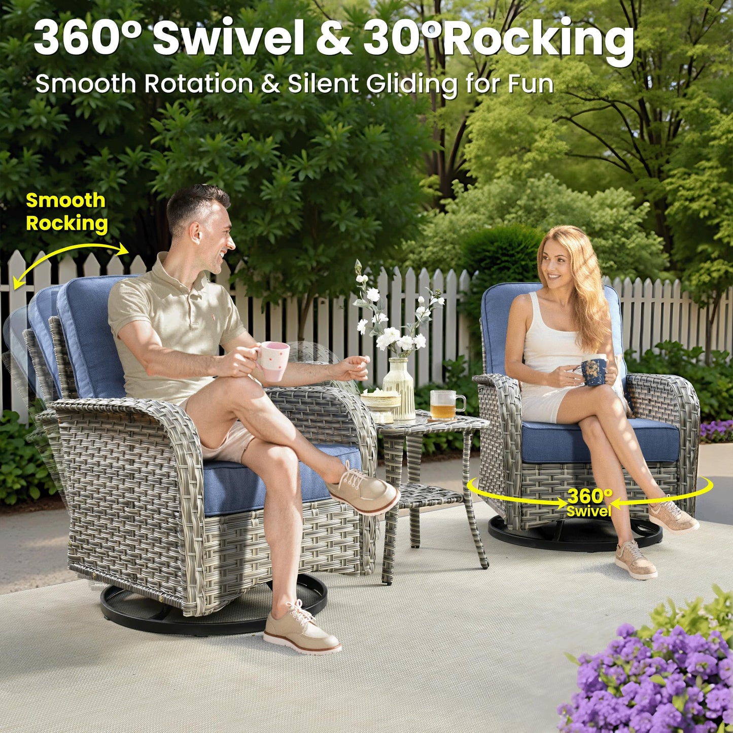 ovios 8-Piece Patio Furniture Outdoor Sectional Sofa Couch with Rocking Swivel Chairs Deep Seat Chaise Comfy Cushions, Modern Modular Wicker Rattan Conversation, Denim Blue