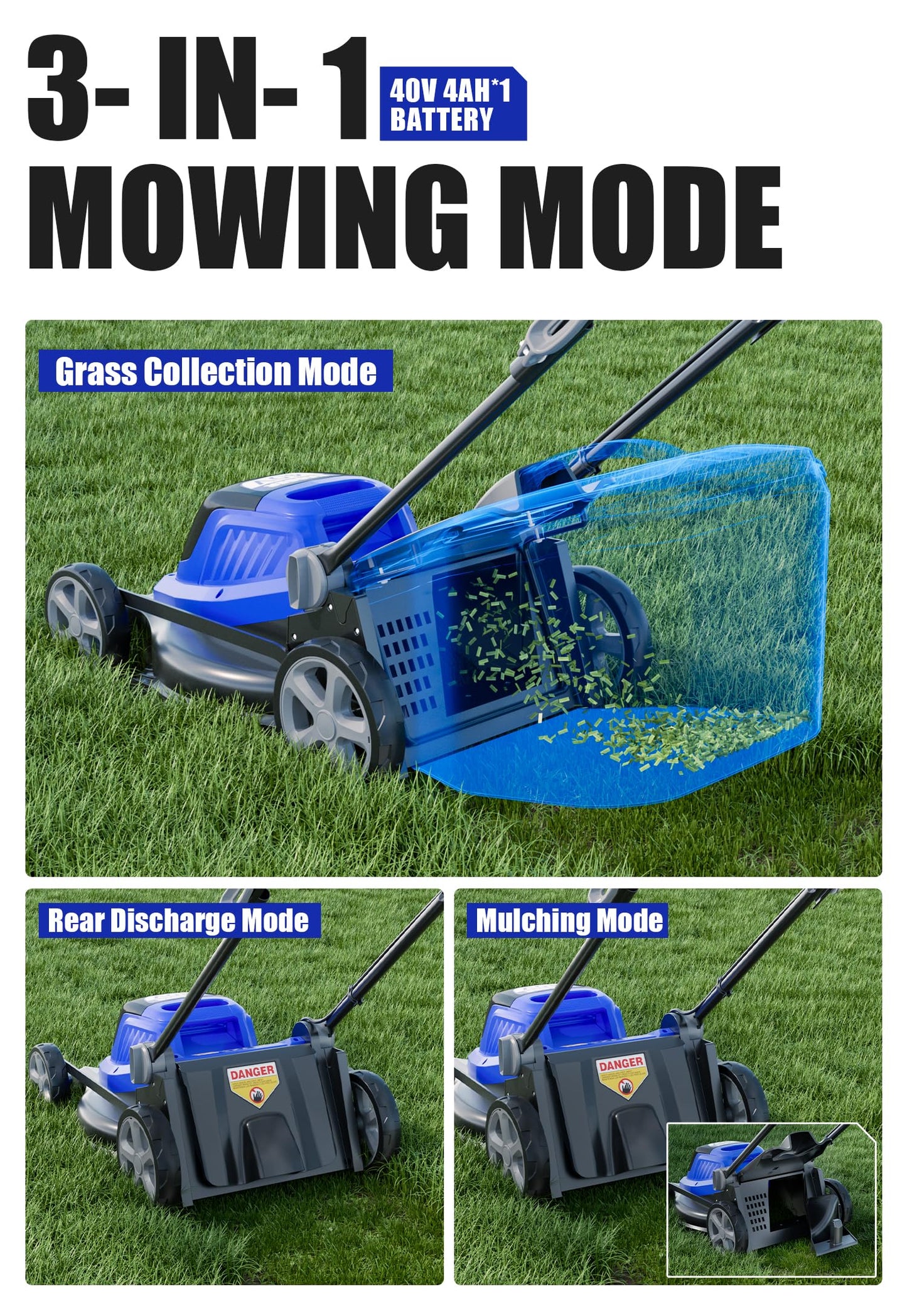 Wild Badger Power 40V 18″ Cordless Lawn Mower Brushless , 5,445 sq ft/0.125 ac, 1×4.0Ah Battery & Fast Charger, 5-Position Height ,for Small-to-Medium Lawns