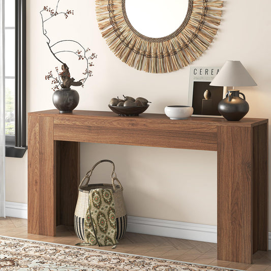 knoworld 63-Inch Long Console Table with LED Light, Farmhouse Sofa Table Behind Couch, Wooden Console Table for Entryway Hallway Entrance Living Room, Brown