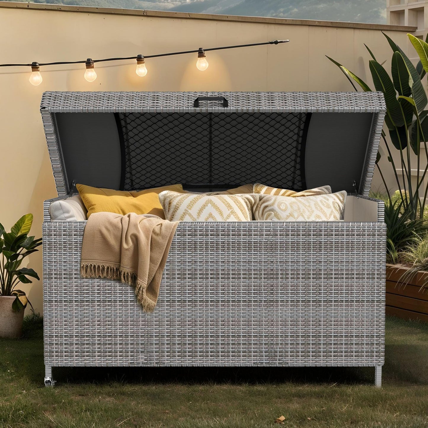 DWVO 200 Gallon Deck Box, Outdoor Storage Box w/Storage Net, Rattan XL Outdoor Cushion Storage for Patio Furniture, Garden Tools, Pool Sports Equipment (Grey)