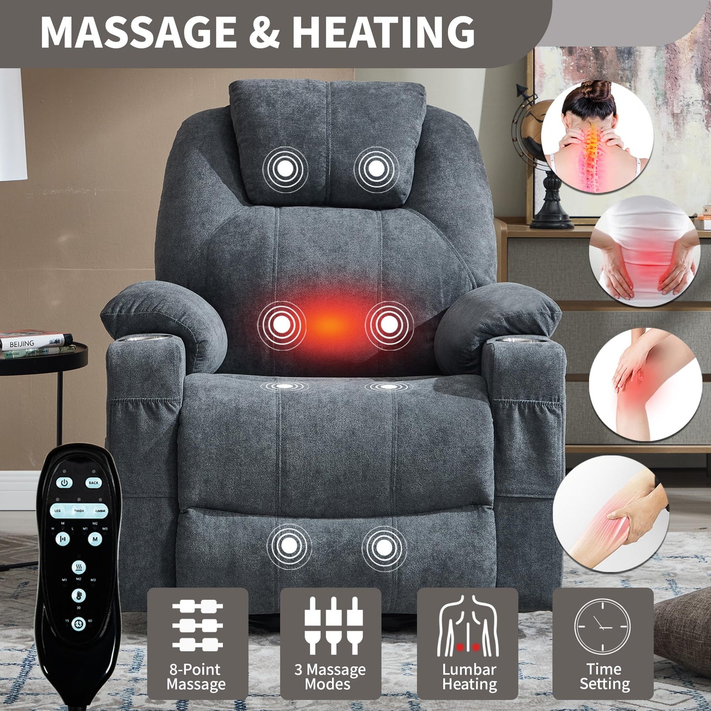 KEIKI Power Lift Recliner Chair with Massage and Heat, 8-Point Vibration, Lumbar Heating, USB/Type-C Ports, Cup Holders, Heavy Duty for Elderly and Adults, Polyester Fabric
