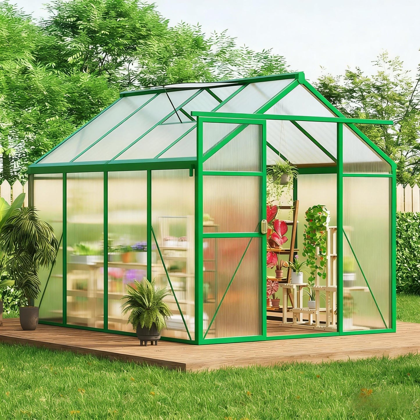 6X8 FT Greenhouse for Outdoors, Walk-in Greenhouse Kit with Aluminum Frame, Polycarbonate Panels, Adjustable Roof Vent, Sliding Door, Secure Lock for Outside Garden, Patio, Backyard