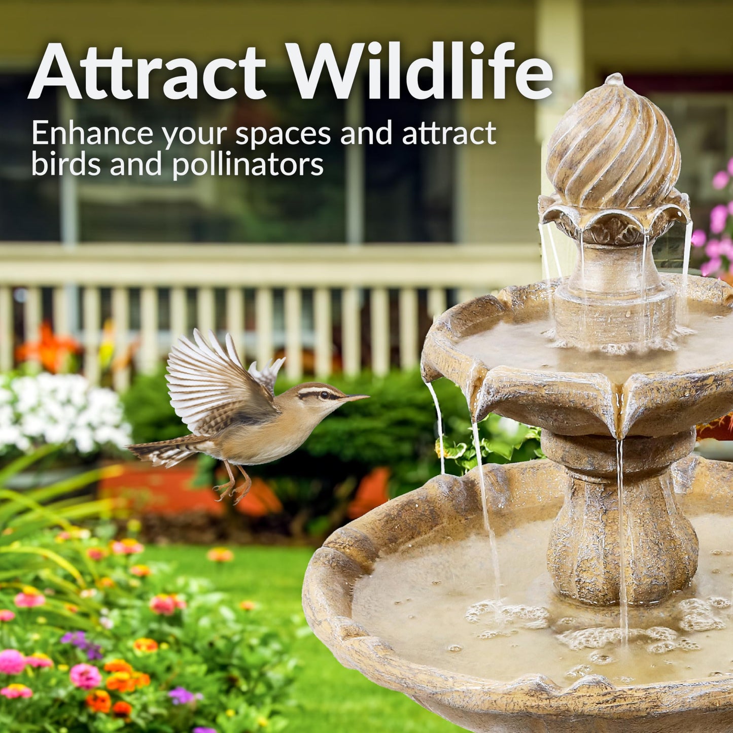 Sunnydaze 35" Solar 2-Tier Outdoor Water Fountain - Outdoor Water Fountain with Battery Backup and Pump - Earth