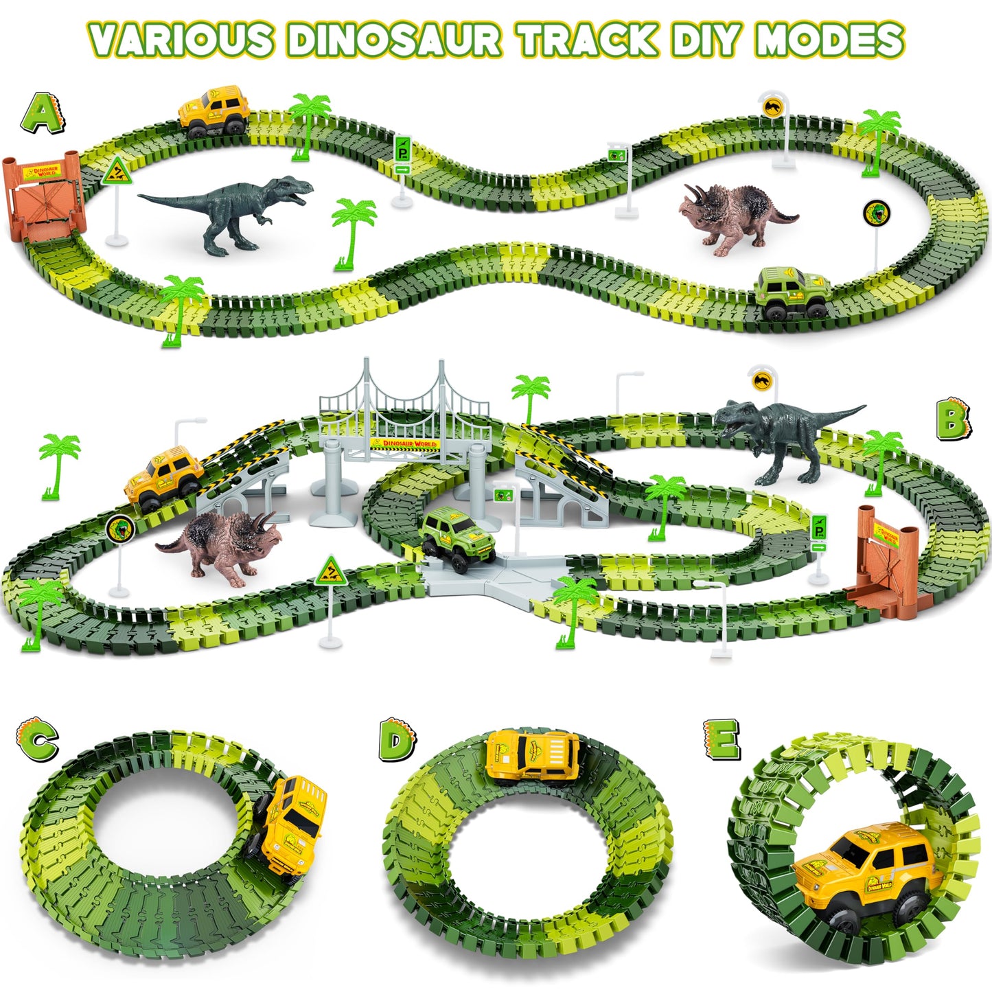 Dinosaur Tracks, 271 PCS Create A Dinosaur World Road Race for Kids Boys Toys Flexible Train Tracks Set with 2 Cool Race Cars and 2 Dinosaur Toys for Age 3 4 5 6 7 8 Year & Up Old Boy Girls Best Gift