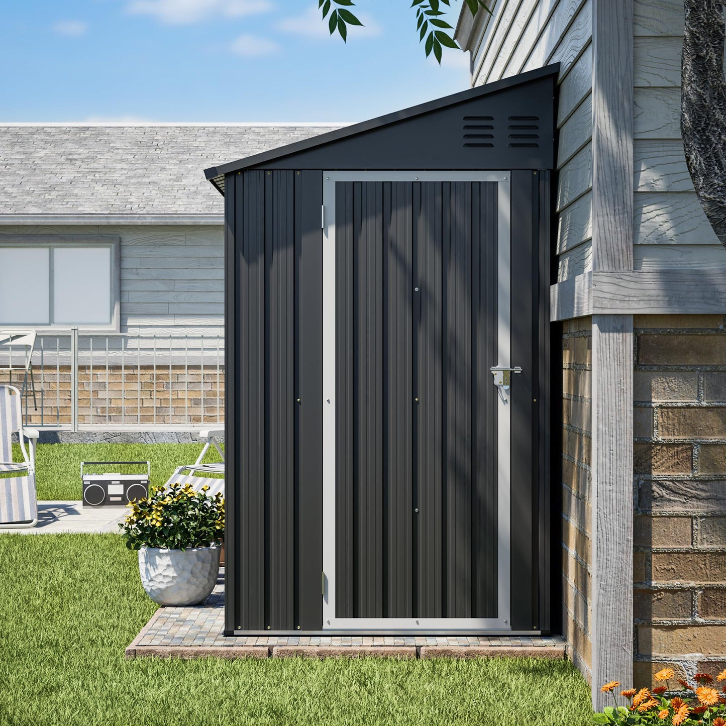 YOPTO 4x8 FT Lean to Outdoor Storage Shed,Metal Shed W/Floor Frame & Reversible Installation,All Weather Waterproof Garden Tool House W/Lockable Door & 2 Air Vents,for Backyard,Patio,Lawn,Black