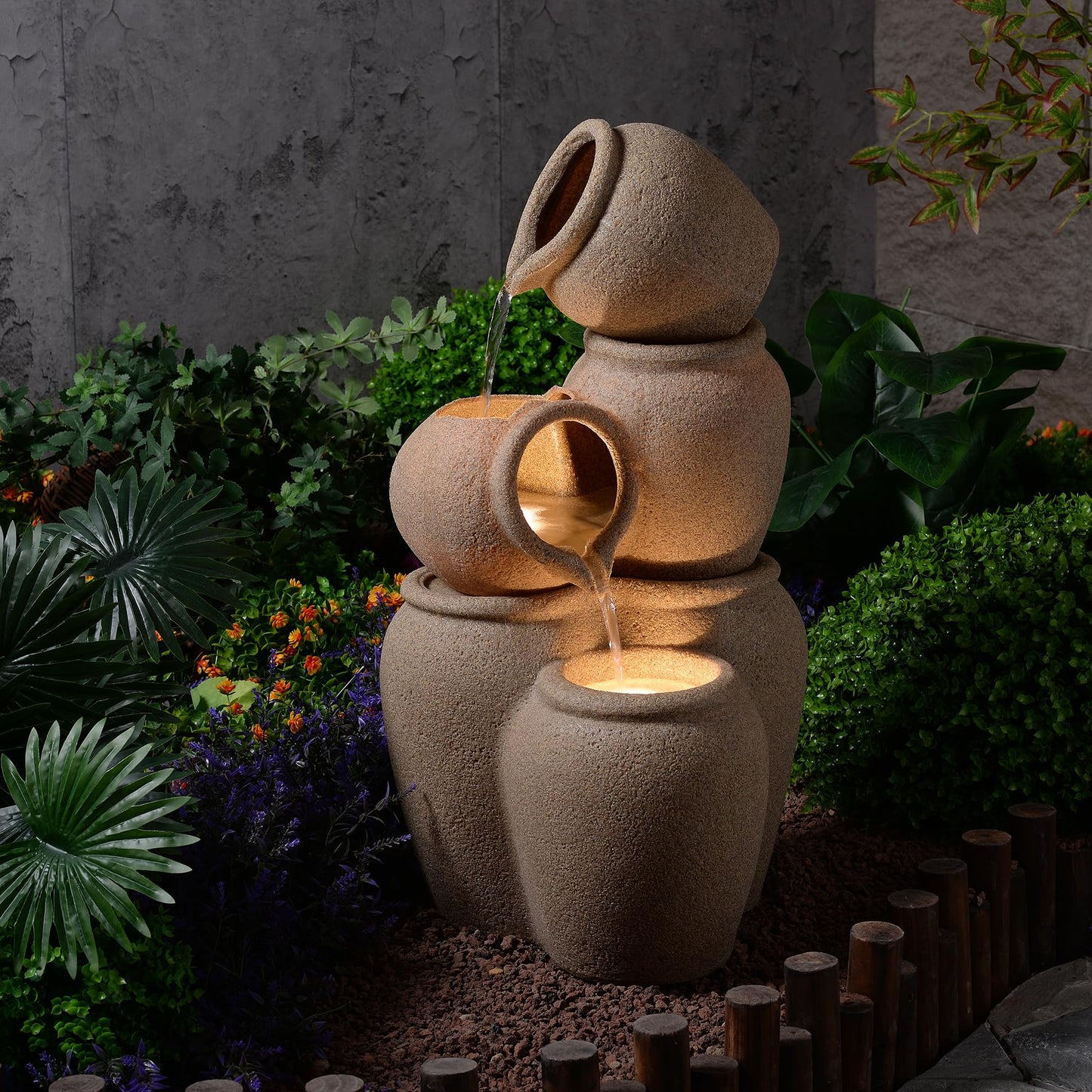 Puulye 29.53" H Outdoor Water Fountain Made with Eco-Friendly Recyclable Materials, Polyethylene Cascading Waterfall Outdoor Fountain, Garden Decor with LED Light & Pump for Patio, Backyard