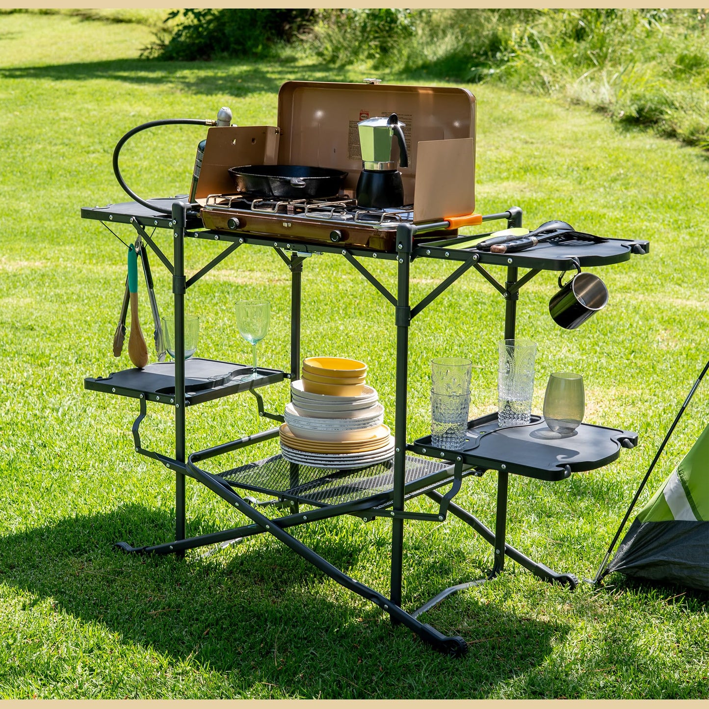 ARROWHEAD OUTDOOR 54" Wide Quick Folding Kitchen Station with Add-on Windscreen, 4 Side Tables, Aluminum Tabletop, Tool-Hanging Cord, 154 LBS Max Weight Load, for Patio BBQ and Camping