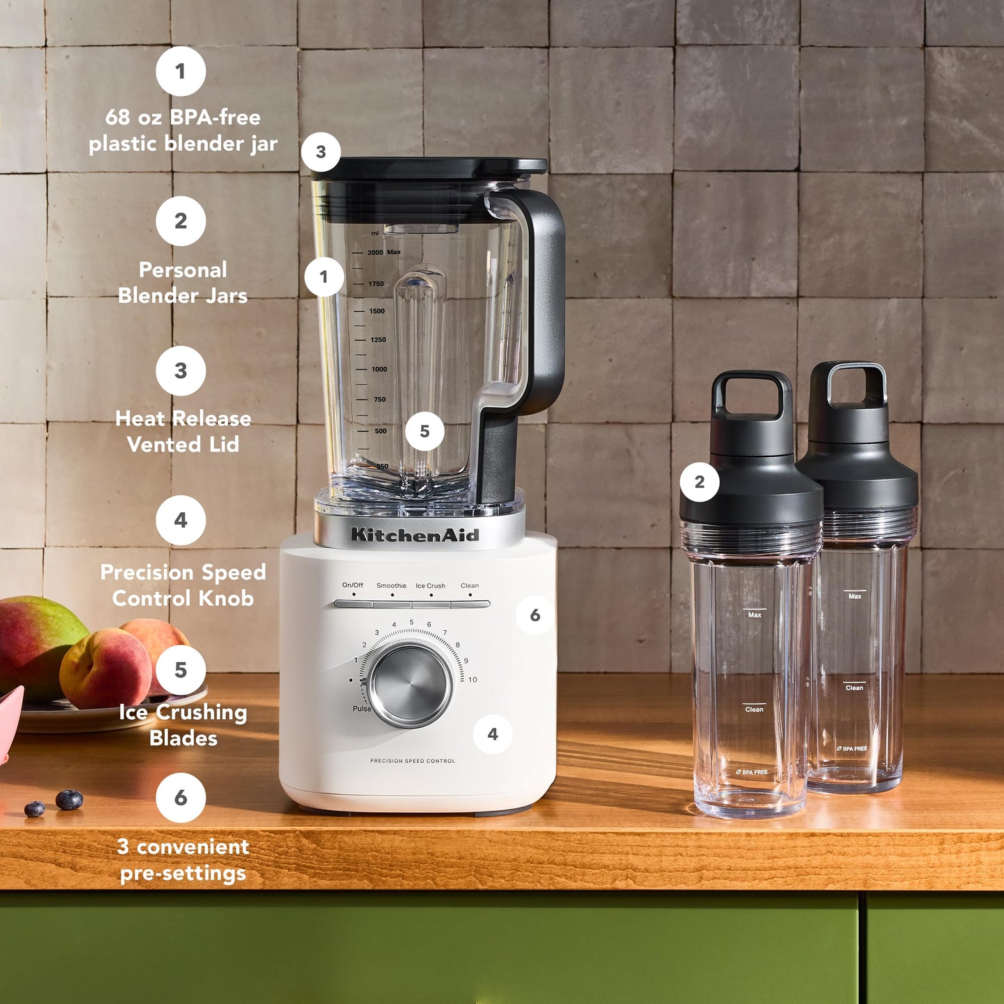 KitchenAid Pure Power Blender with 2 Personal Blending Jars, 1700 Watt Peak Power*, KSB2078, Porcelain White