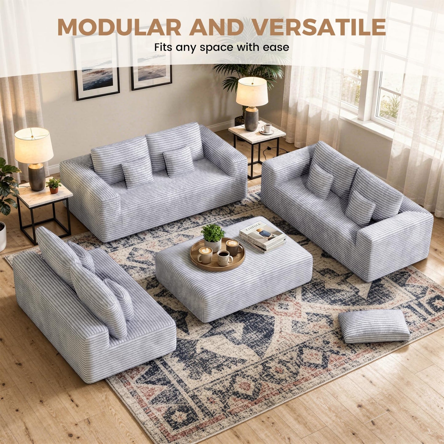 Luxanimarion 136'' Large Sectional Cloud Couches with Chaise, U Shaped Boneless Sofa Bed with Ottoman, No Assembly Required Deep Seat Modular Lounge for Living Room 4PCS Set, Bedroom(Light Grey)