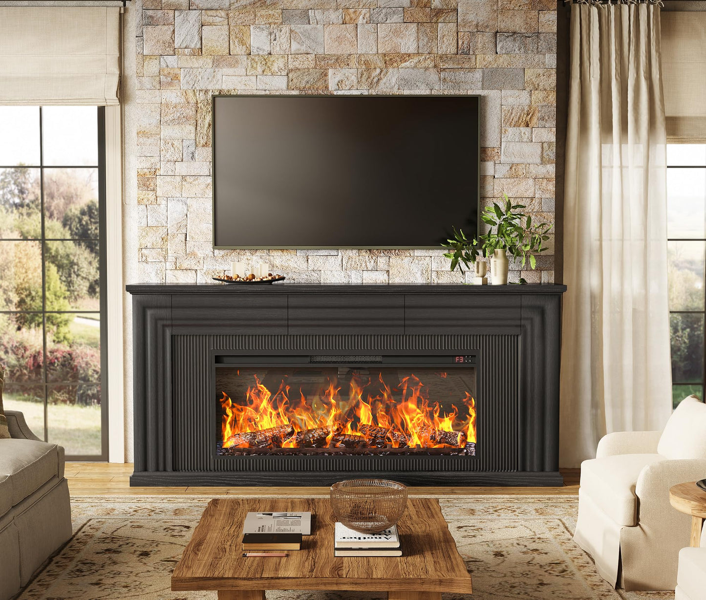 PRAISUN 70'' Fireplace TV Stand with 42'' Electric Fireplace, Farmhouse TV Stand for 65 75 Inch TV, Entertainment Center TV Console with 3 Drawers, Fluted Design, for Living Room, Black