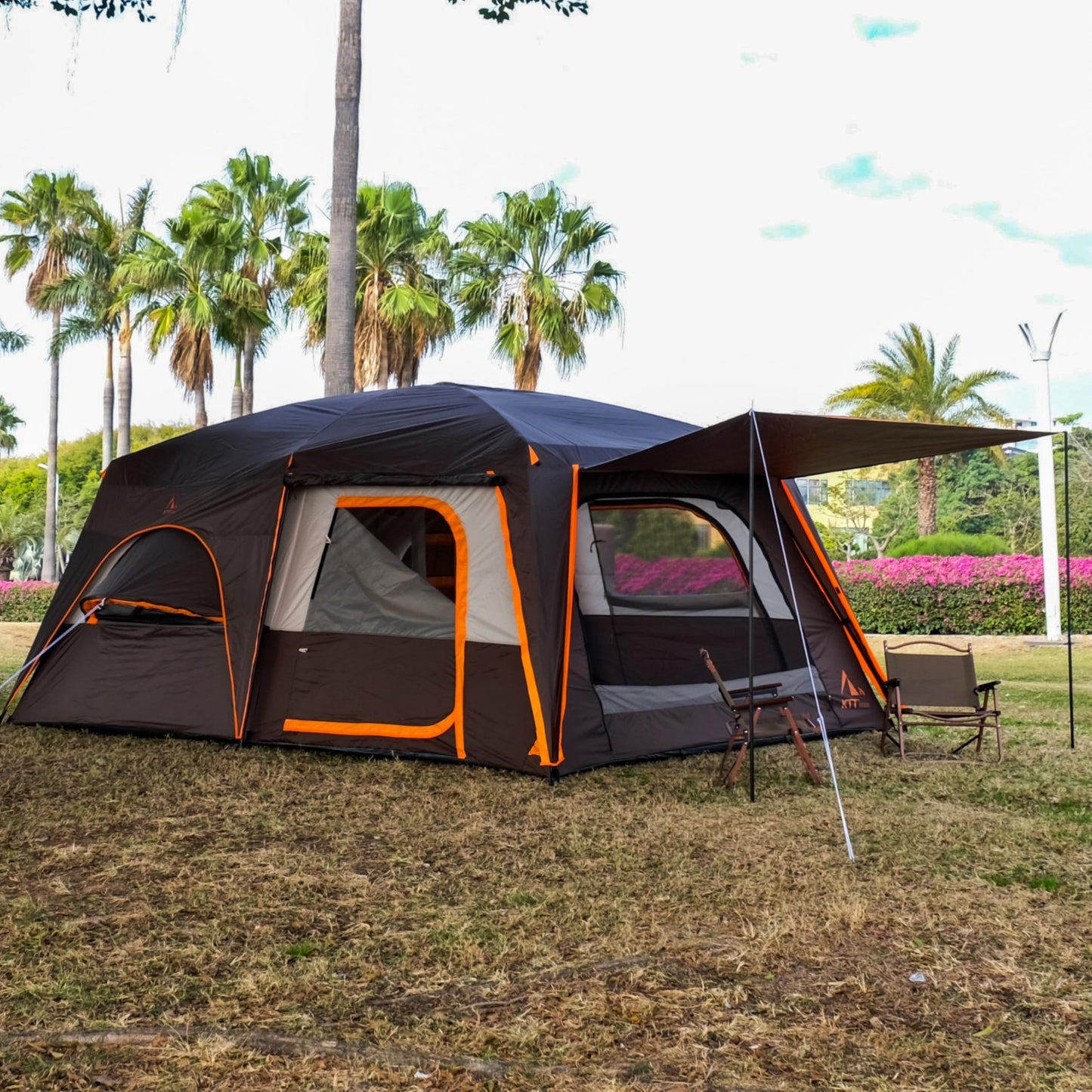 KTT Extra Large Tent 12 Person,Full Rainfly,2 Bay-Windows,Family Cabin Tent,14'Lx10'Wx6.58'H,2 Rooms and 3 Doors 3 Windows with Mesh,Waterproof,Straight Wall,Big Tent for Outdoor,Picnic,Camping