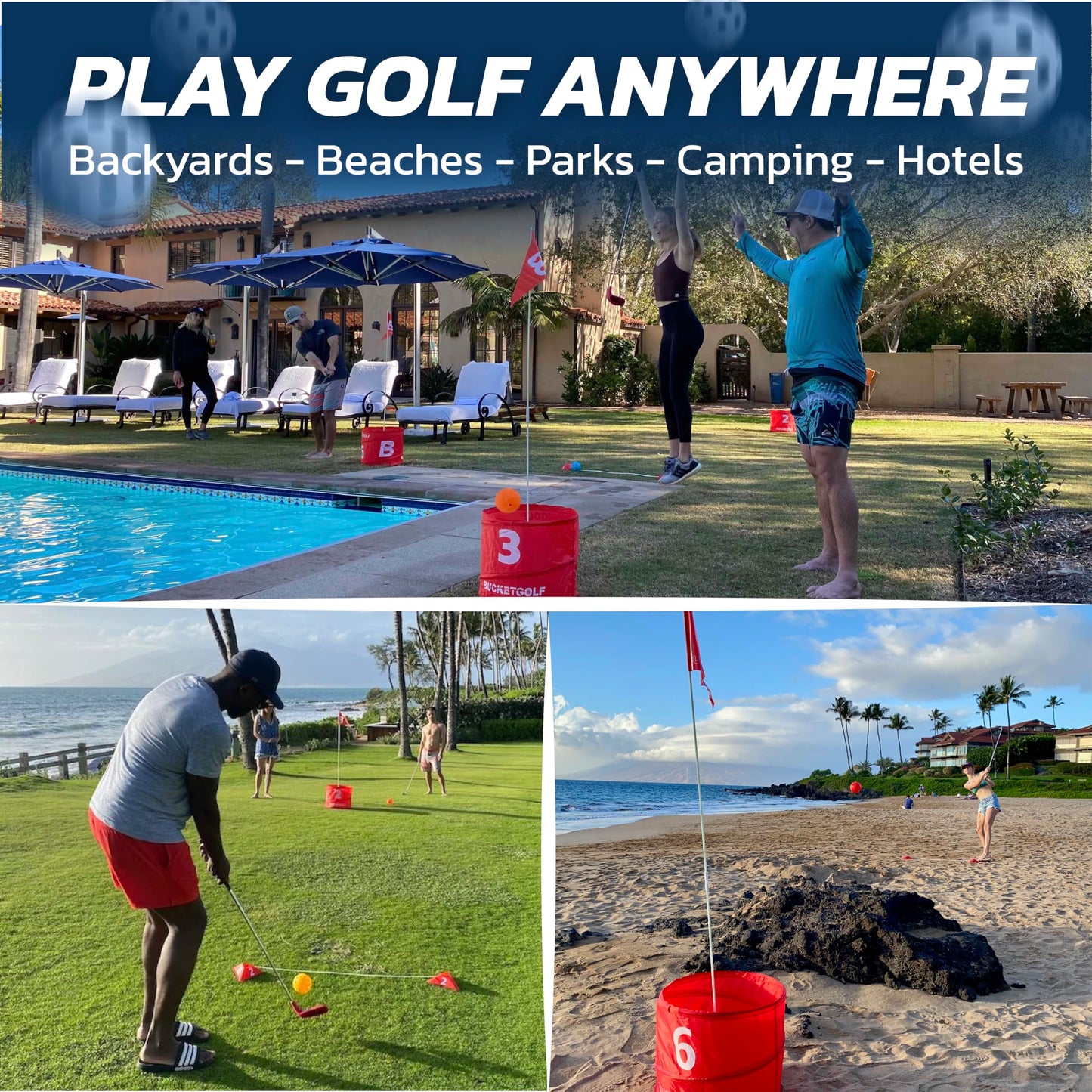 bucketgolf Game 6 Hole Bundle with Clubs - The Best Backyard Golf Game for All Ages and Levels Adults, Kids, Families, Schools, Yards, Parks, Beaches, Vacation. (4 Clubs (4 RH))