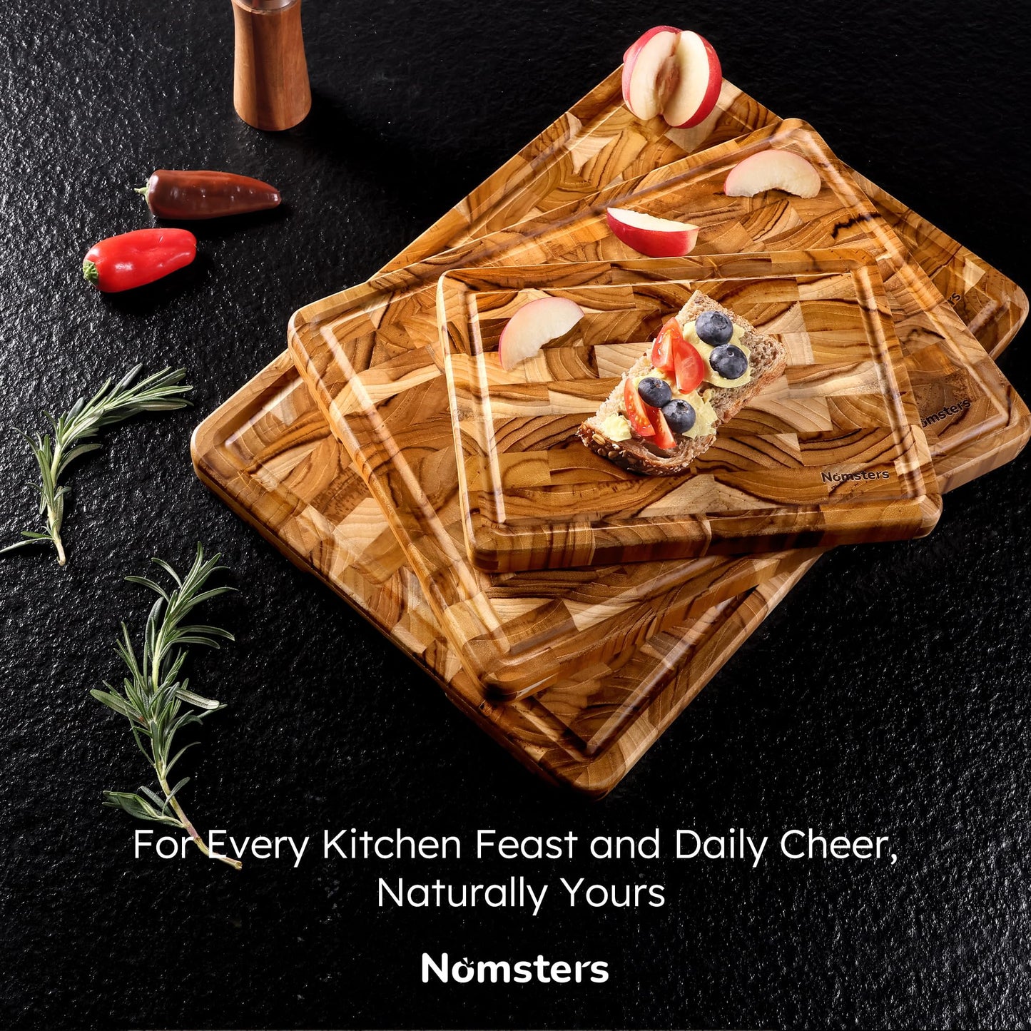 Teak Wood End Grain Cutting Board Set of 3 with Non-slip Feet, Reversible Cutting Boards for Kitchen with Juice Grooves and Handles Non Toxic Chopping Board Butcher Block Serving Tray Kitchen Sets