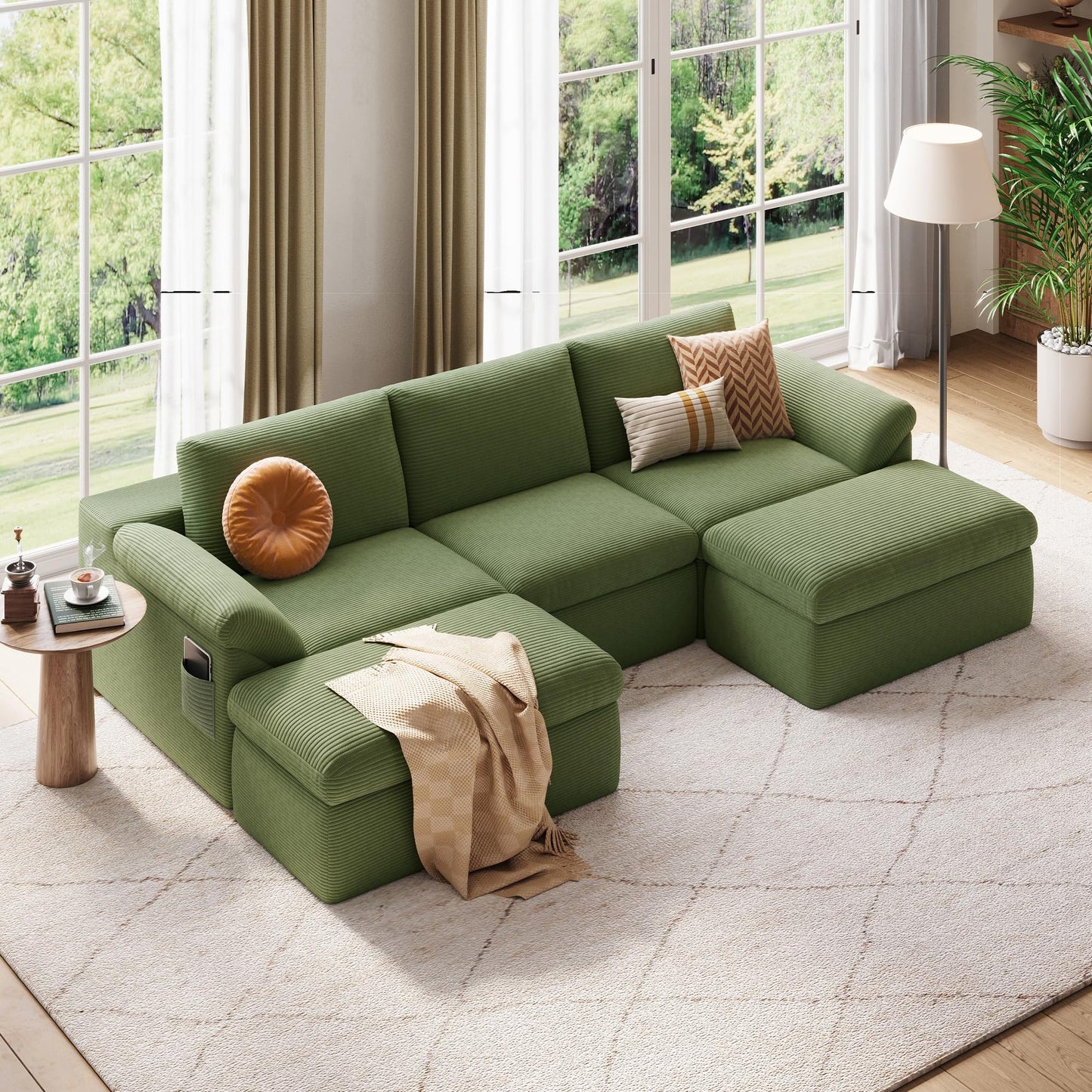 LINSY HOME 109" Modular Couch Modern Boneless Cloud Couch, U Shaped Sofa with Movable Ottomans, Deep Seat Corduroy Sectional Couches for Living Room, Apartment, No Assembly Required, Green