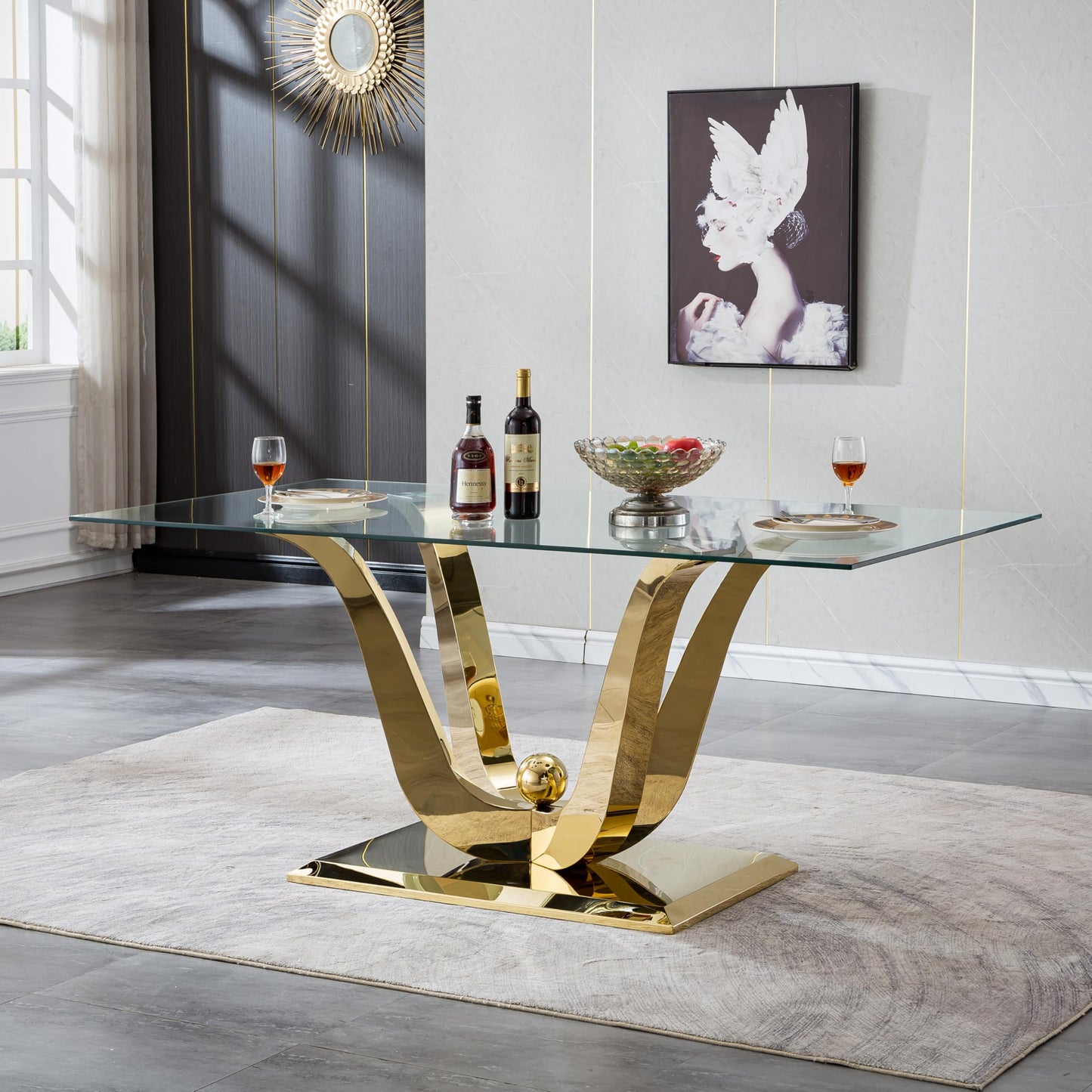 Maxtude 7 Piece Dining Table Set, Gold Dining Room Table with 6pcs White Velvet Dining Chairs, 70" Glass Dining Table Set for 6 with Stainless Steel Base for Kitchen Dining Living Room