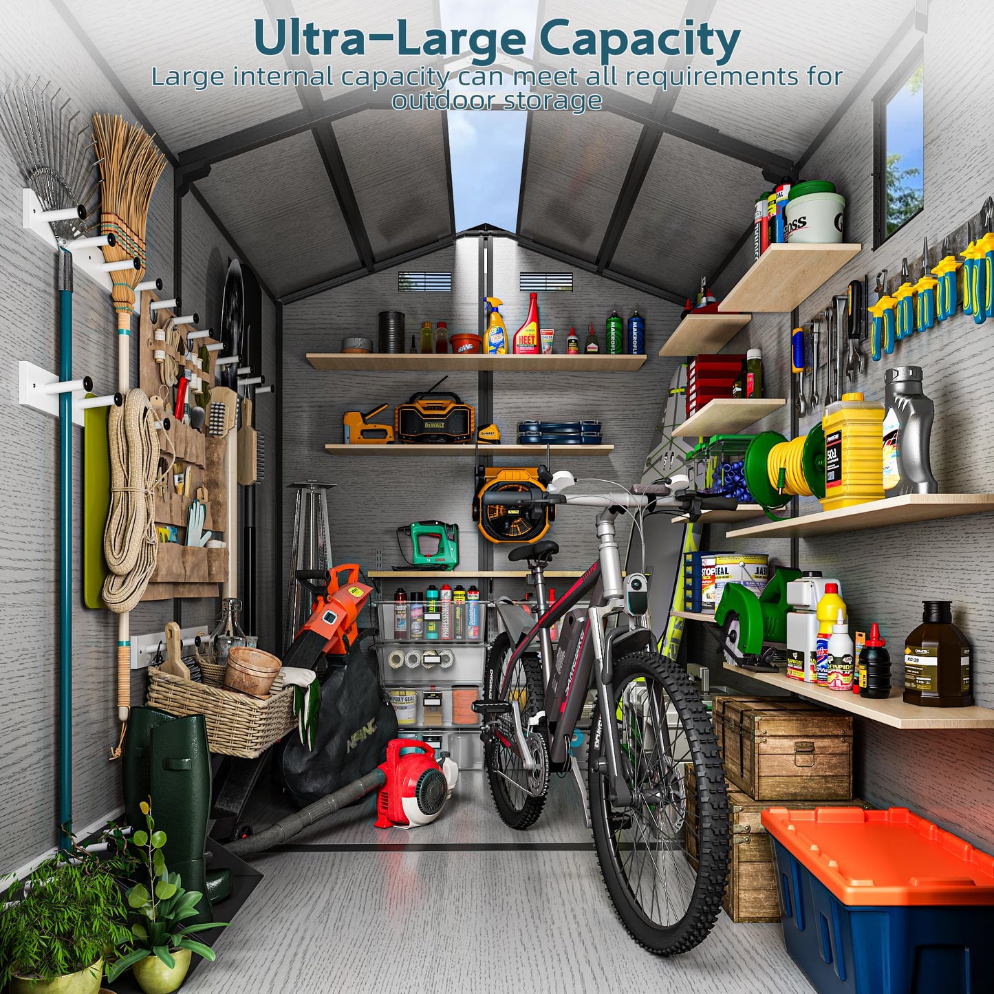 WUKHG 6X8 FT Outdoor Storage Sheds, Plastic Storage Shed with Floor & Drainage Channel for Bikes, Furniture, Gardening Tools, Lockable Outdoor Shed Suitable for Backyard, Patio, Lawn
