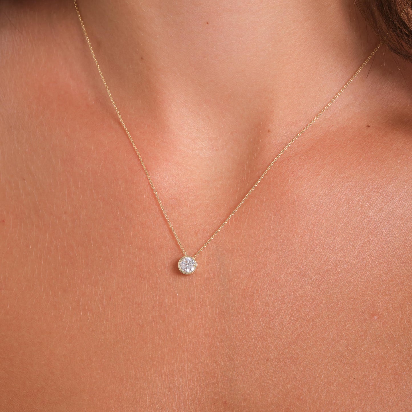 Golden Planet 10K Solid Gold Bezel Set Circle Cubic Zirconia CZ Solitaire Necklace | Elegant Dainty Halo Choker Necklace for Women - 18" Chain 45 cm
