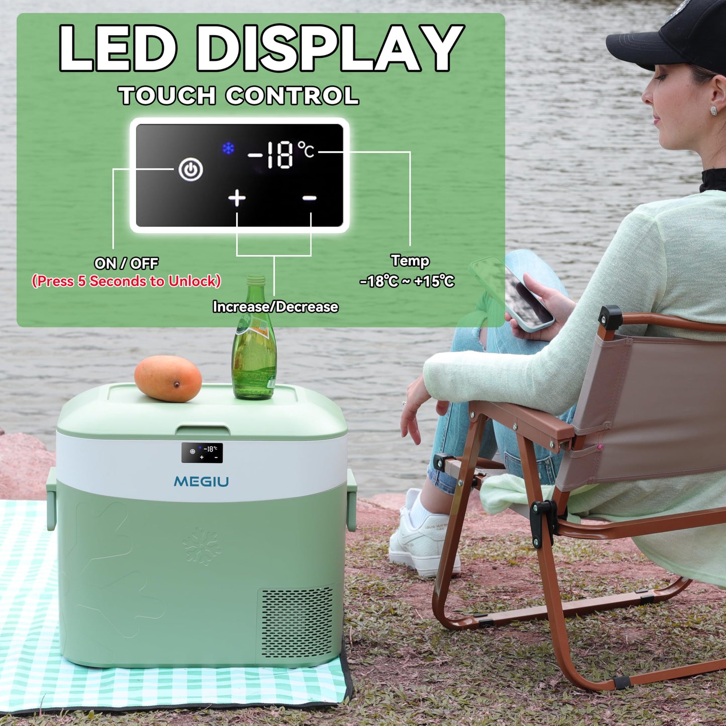 Megiu Car Fridge Portable 12 Volt Refrigerator 23 Quart (22 Liter) Freezer Compressor Cooler 12V/24V DC 110～240 V AC for Outdoor, Camping, Travel, Home Use -18℃~+15℃ (Green)