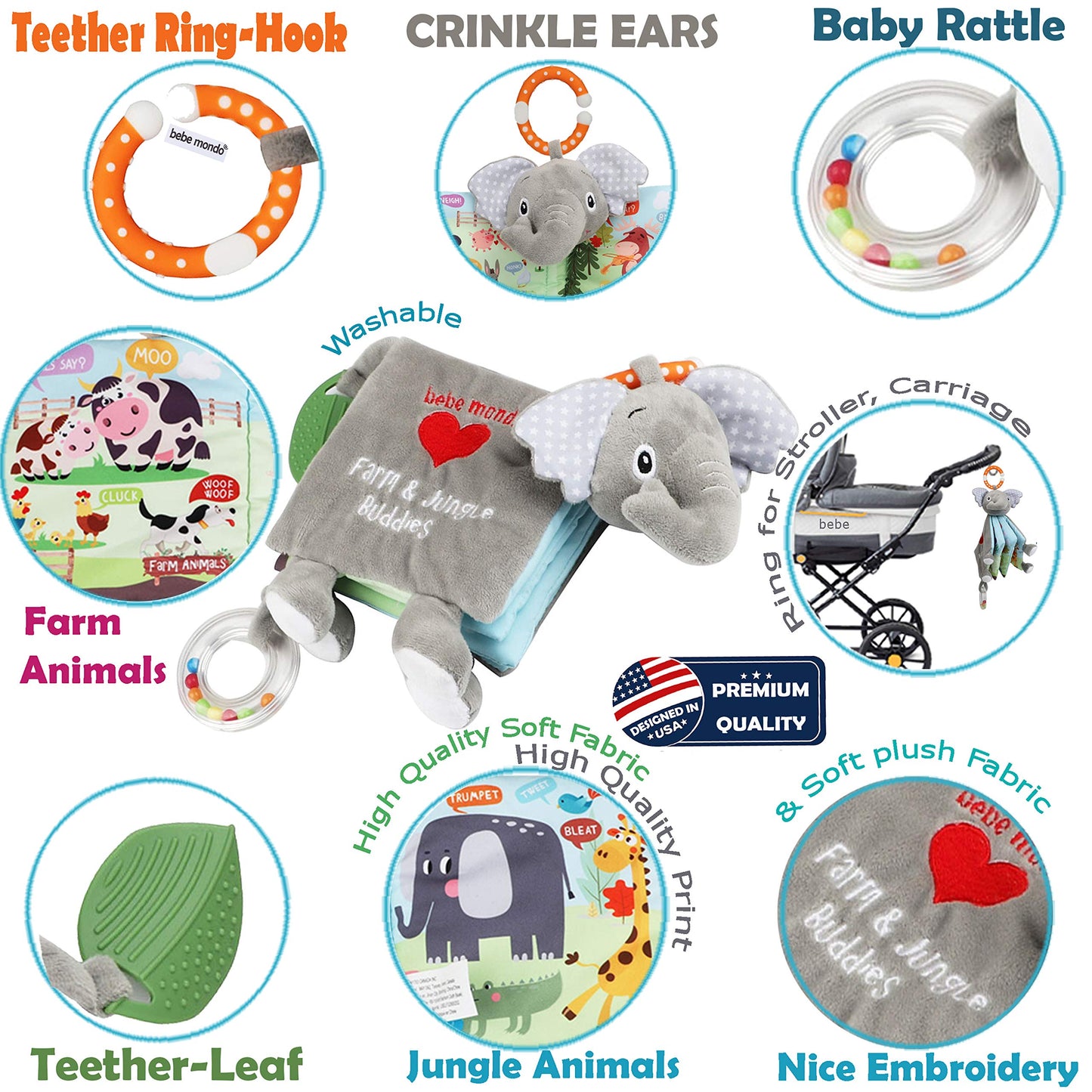 Elephant Touch and Feel Baby Books Toys 0-6 Months, Loveys Crinkle Books for Babies,Infant Toys 6-12-18 Months 1-2 Year Old, Baby Shower Easter Gifts Soft Cloth Book Teething Rattle for Boys Girls