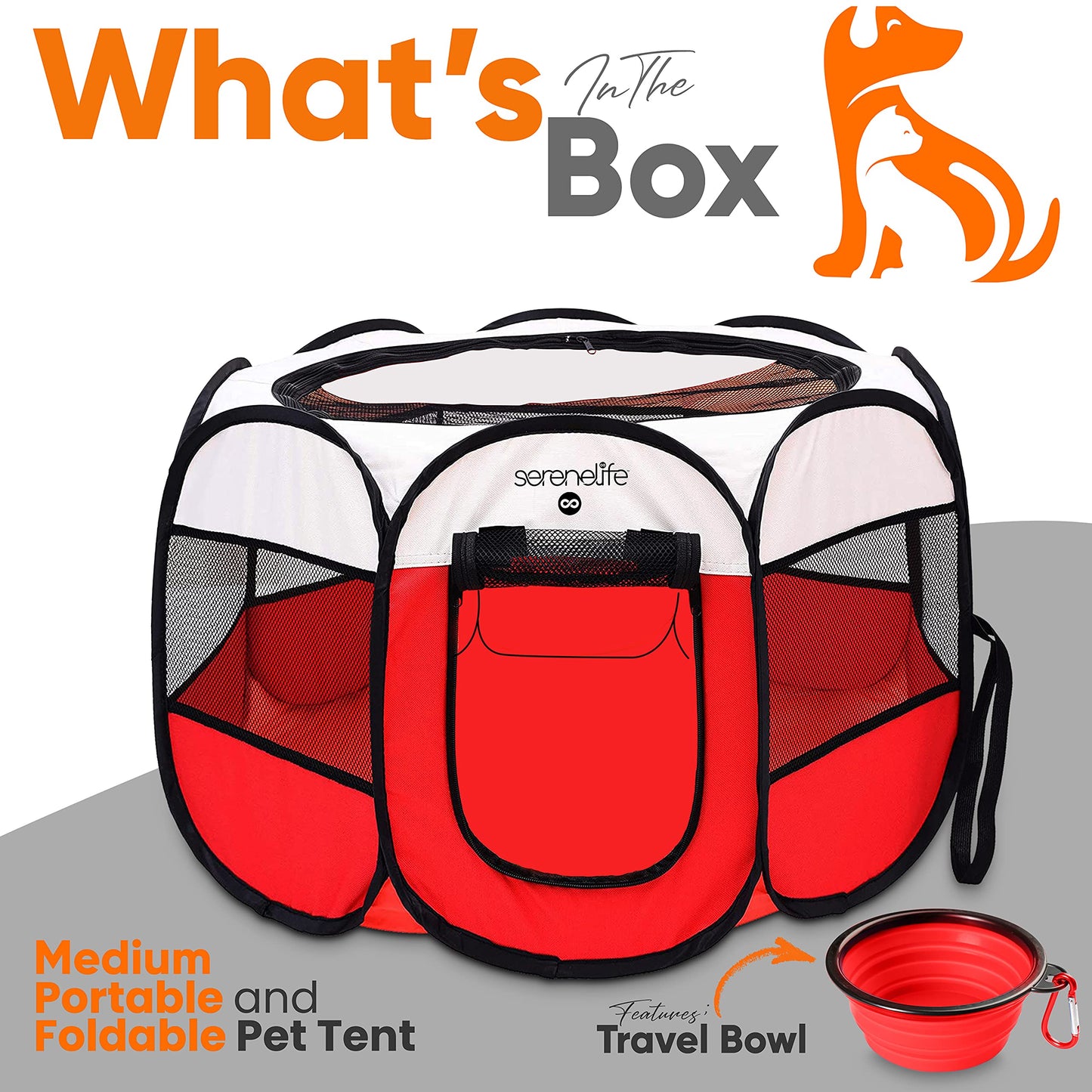 SereneLife On-The-Go Foldable Portable Pet Tent 8-Panel Playpen for Dog & Cat w/Food/Water Bowl, Mesh Exercise Puppy Playground, Pet House Indoor & Outdoor, Travel & Camping Pet Kennel (Red- Medium)