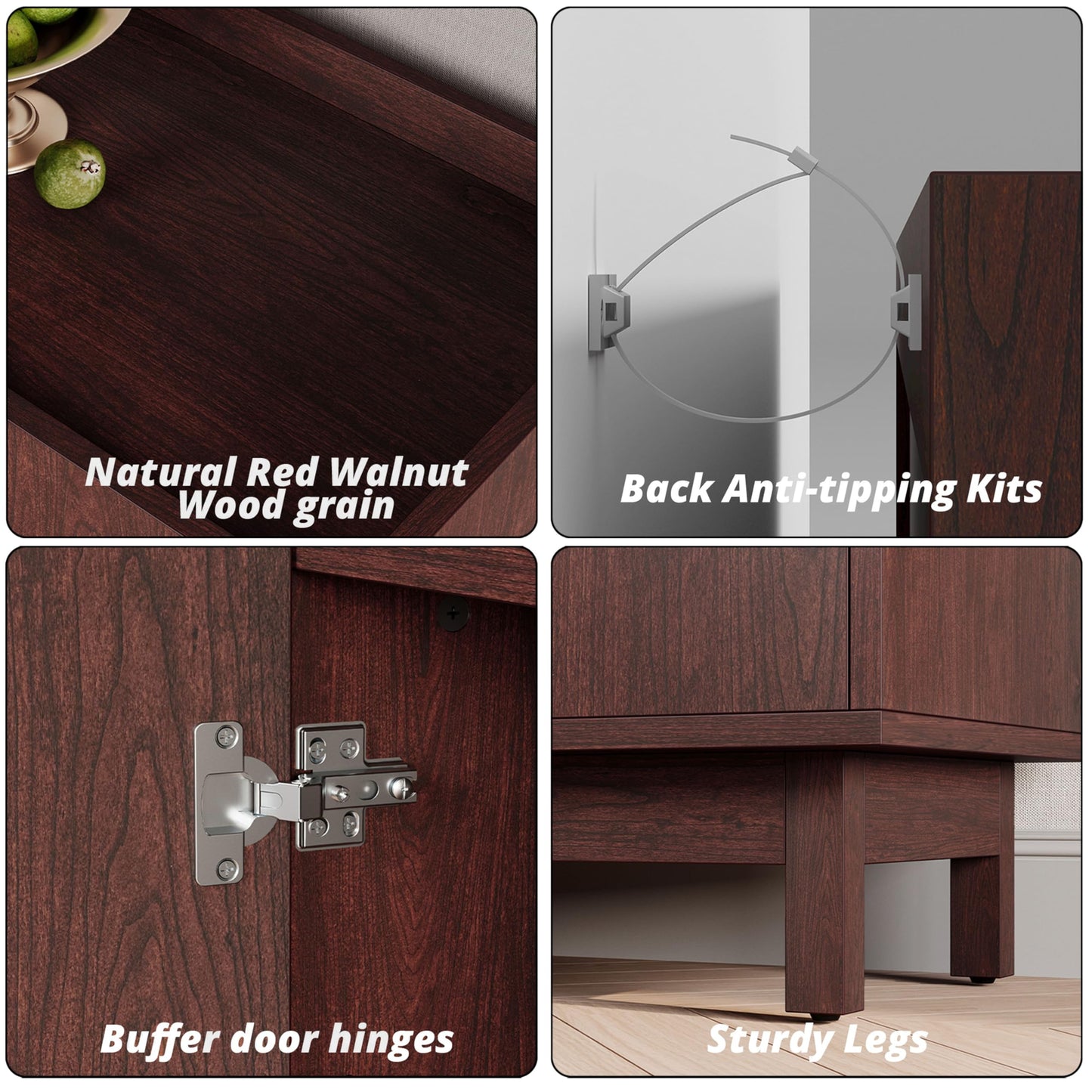 IRONCK Storage Cabinet, Buffet Cabinet with Grille Doors and 2 Adjustable Shelves, Mid Century Sideboard for Kitchen, Dining Room, Entryway（Natural Red Walnut）