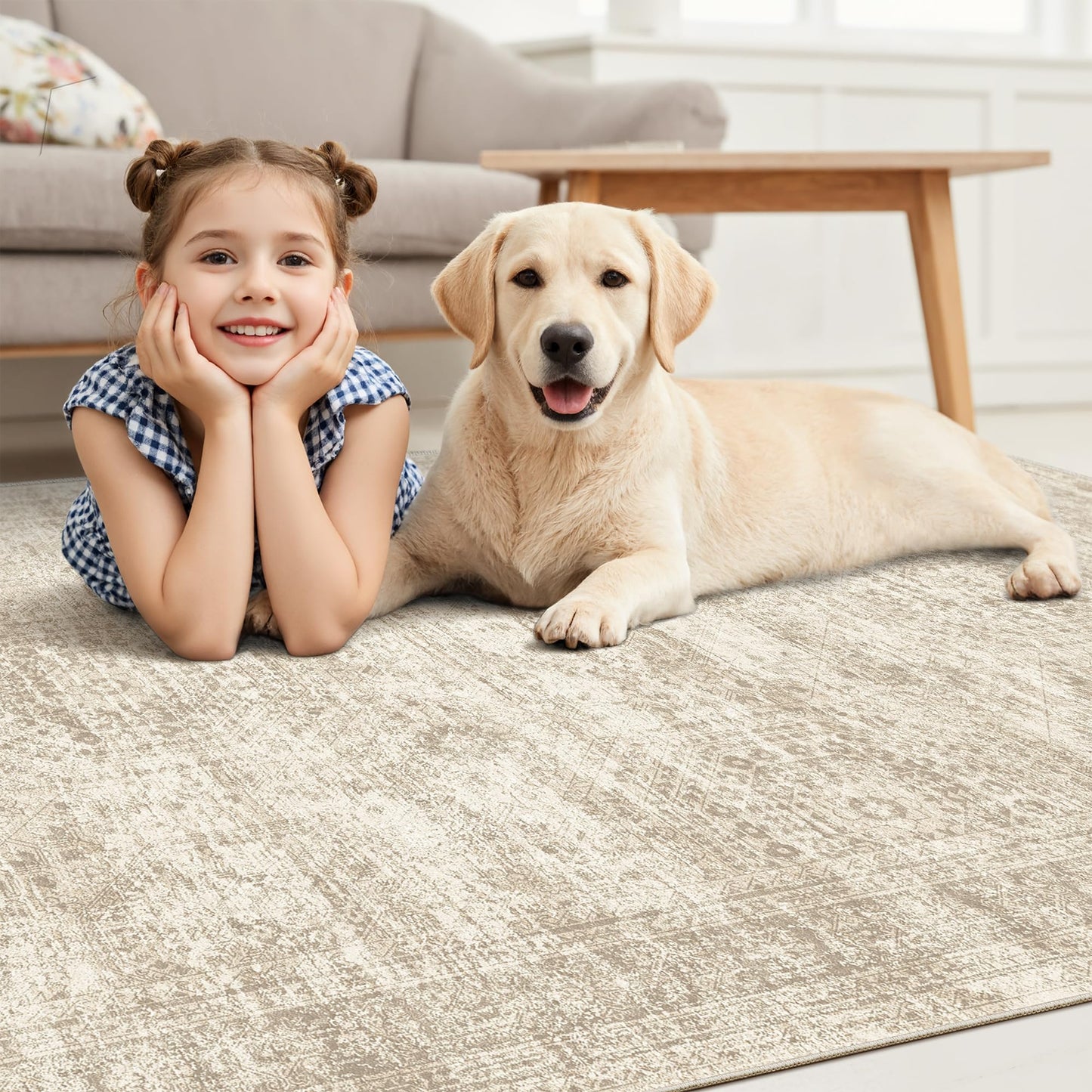 Soalmost Washable Area Rug 8x10, Large Soft Rugs for Living Room Vintage Beige Carpet 8x10 Area Rugs for Bedroom Dining Room Non-Slip Stain Resistant Under Table Rug