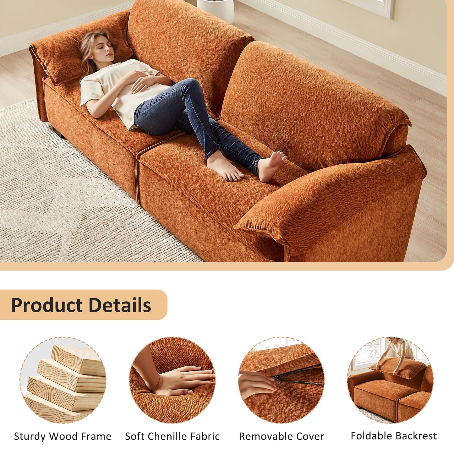 VANOMi 92.9" Sofa Couch for Living Room, Modern Comfy 3-Seater Cloud Sofas, Chenille Small Couches for Small Spaces, Upholstered Deep Seat Couch for Bedroom, Apartment (Curry)