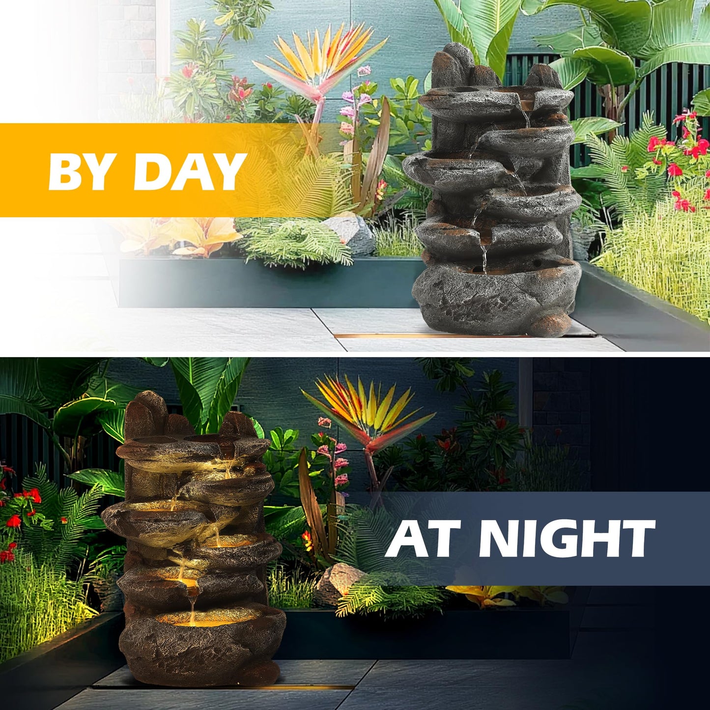 TITIMO 6-Tier Cascading Rock Water Fountain Outdoor Garden Waterfall with Lights,Fountain Indoor Decor for Garden, Patio, Backyard, Deck, Porch and Home Art Decor (Smal)