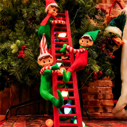 Elf Decorations on Red Ladder with Colorful Lights, Festive Tree Ornament for Home, Party, Holiday Displays