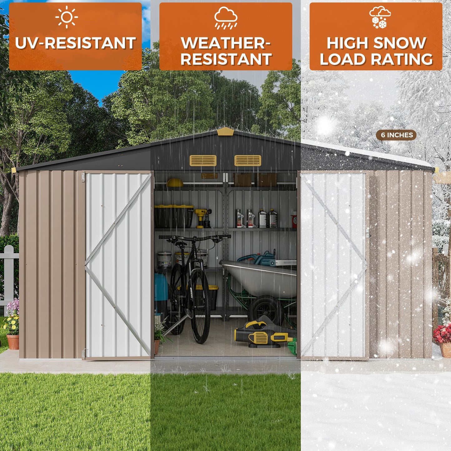 IRONCK 10x12FT Outdoor Storage Shed, Metal Garden Tool Shed with Breathable Vent and Lockable Doors, Outside Storage for Backyard, Poolside, Patio, Brown