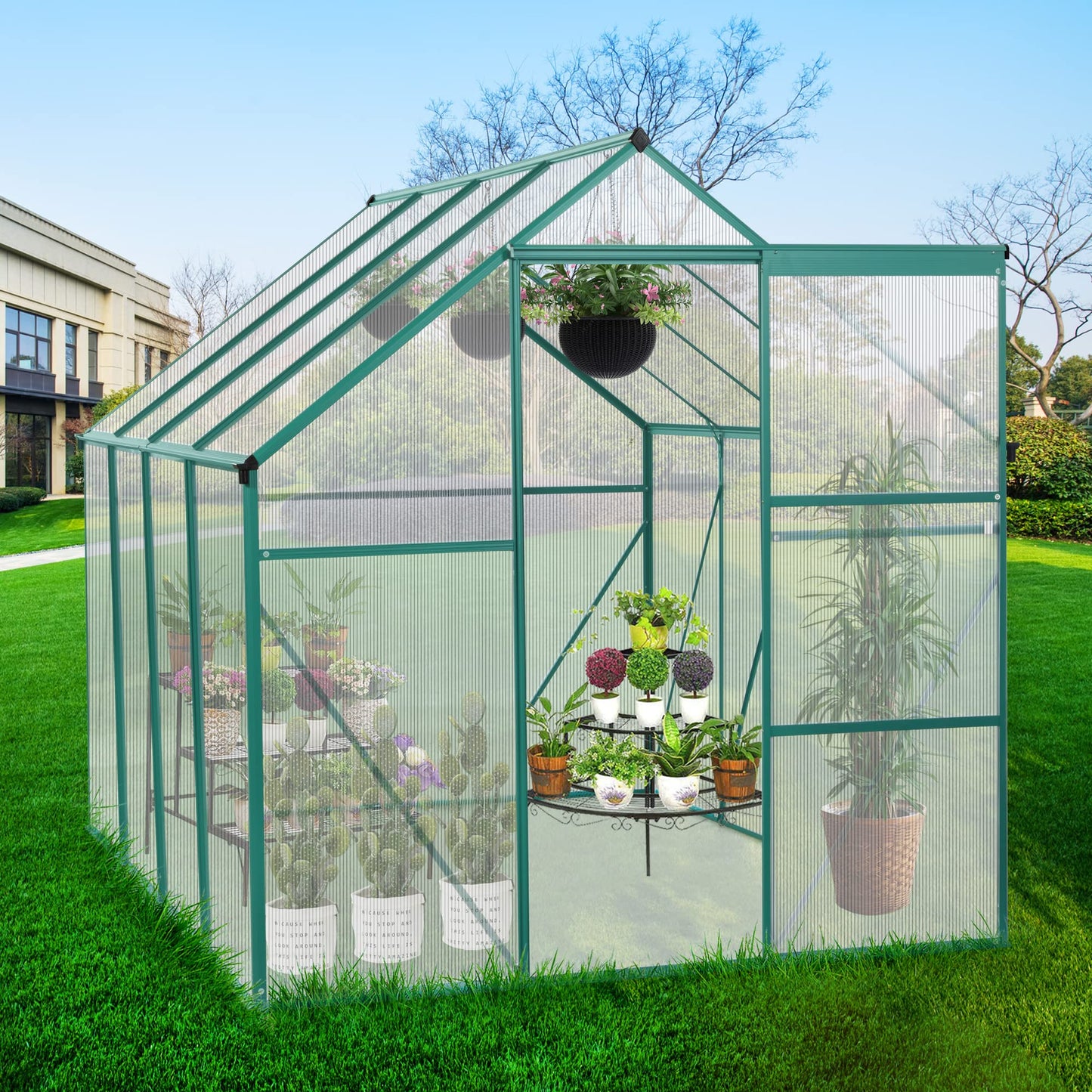 GLANZEND 6x8FT Polycarbonate Walk-in Greenhouses, Heavy Duty Hobby Green House, Storage Shed with Sliding Doors & Adjustable Roof Vent, Aluminum Sunroom Hot House for Outdoor Garden Backyard
