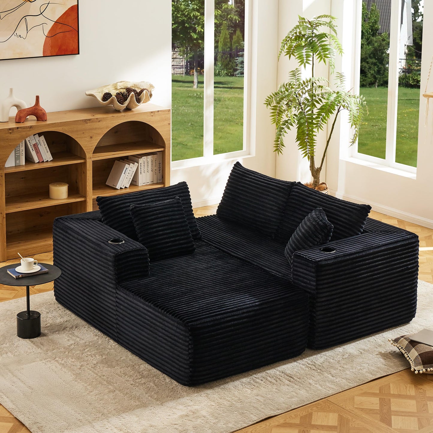 Fahomiss Modular Compressed Sectional Sofa Set – Velvet Corduroy Upholstery, Convertible Couch with Cup Holders and Pillows for Living Room, Black