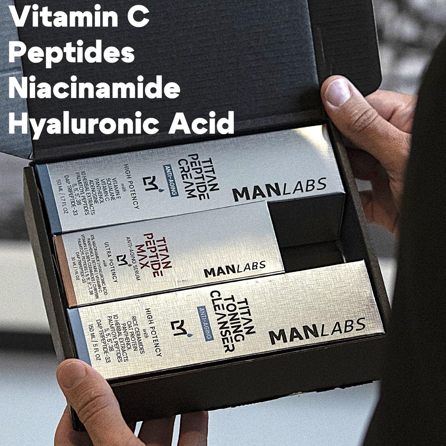Man Labs Titan Peptide 3-Piece Anti-Aging Mens Skin Care Kit – Mens Face Serum, Men Face Moisturizer, Wash – Men, Skin Care Set –Dark Spots, Wrinkles, Fine Lines –Vitamin C, Niacinamide, HA –Unscented