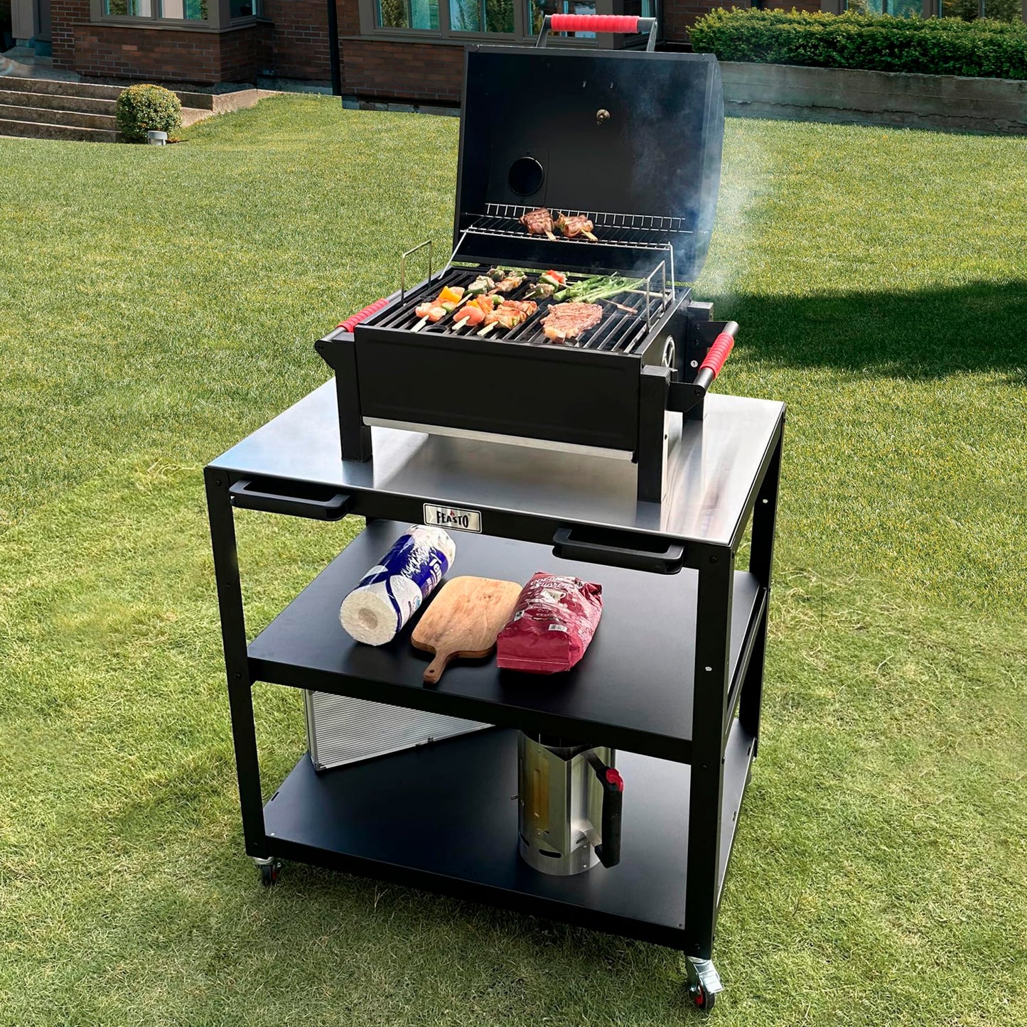 Feasto 36''x 24'' Large Movable Pizza Oven Table for Outdoor, 304 Stainless Steel Grill Cart with Wheels, 3-Shelf Outdoor Kitchen Prep Table Pizza Oven Stand on Wheels for Pizza Oven& Griddle