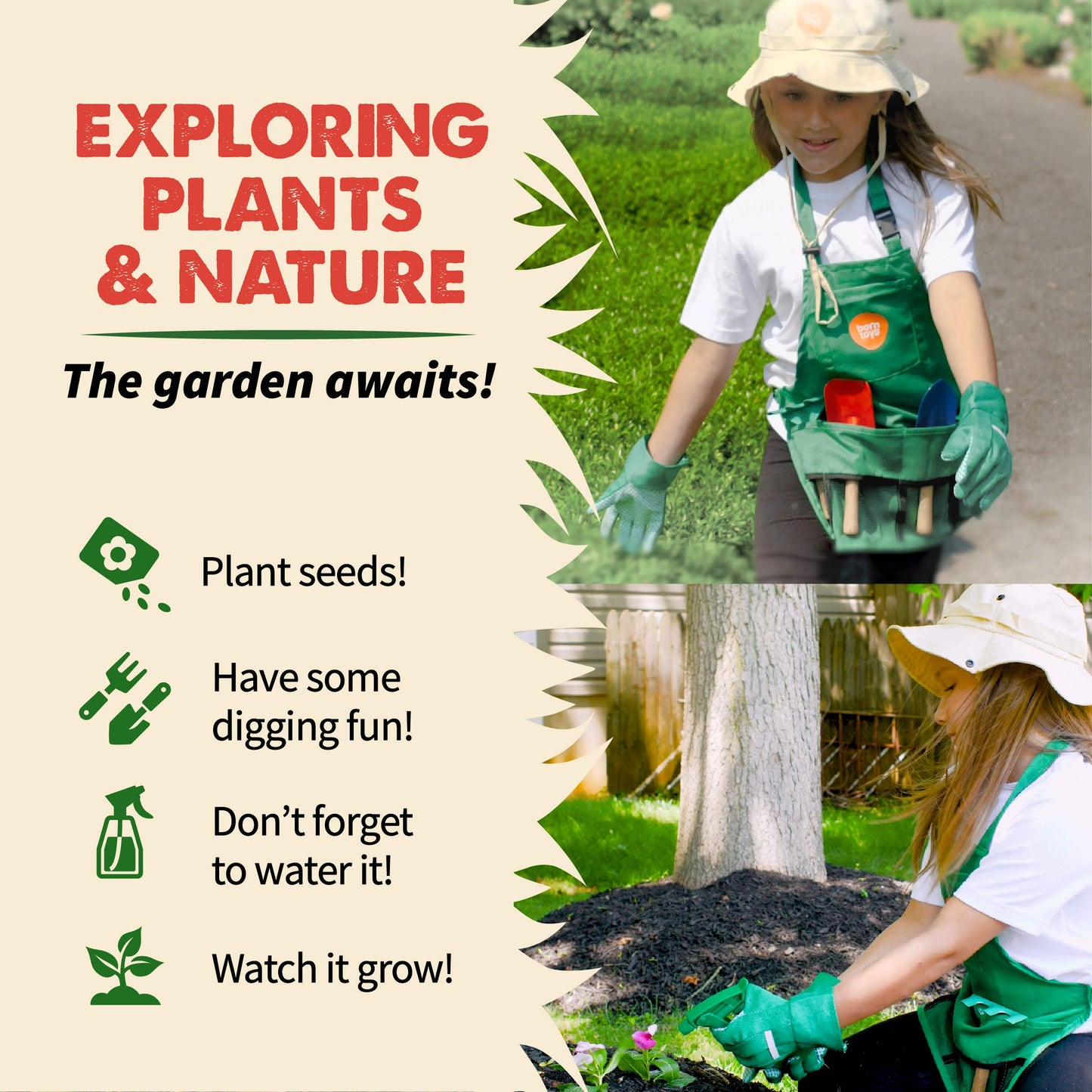 Born Toys Kids Garden Set for Boys & Girls Ages 3-7, Toddler Gardening Kit with Kids Gardening Tools - Gardening Apron, Gloves, Hat, Working Spray Bottle, Trowel Shovel & Rake, Outdoor Activity Toys