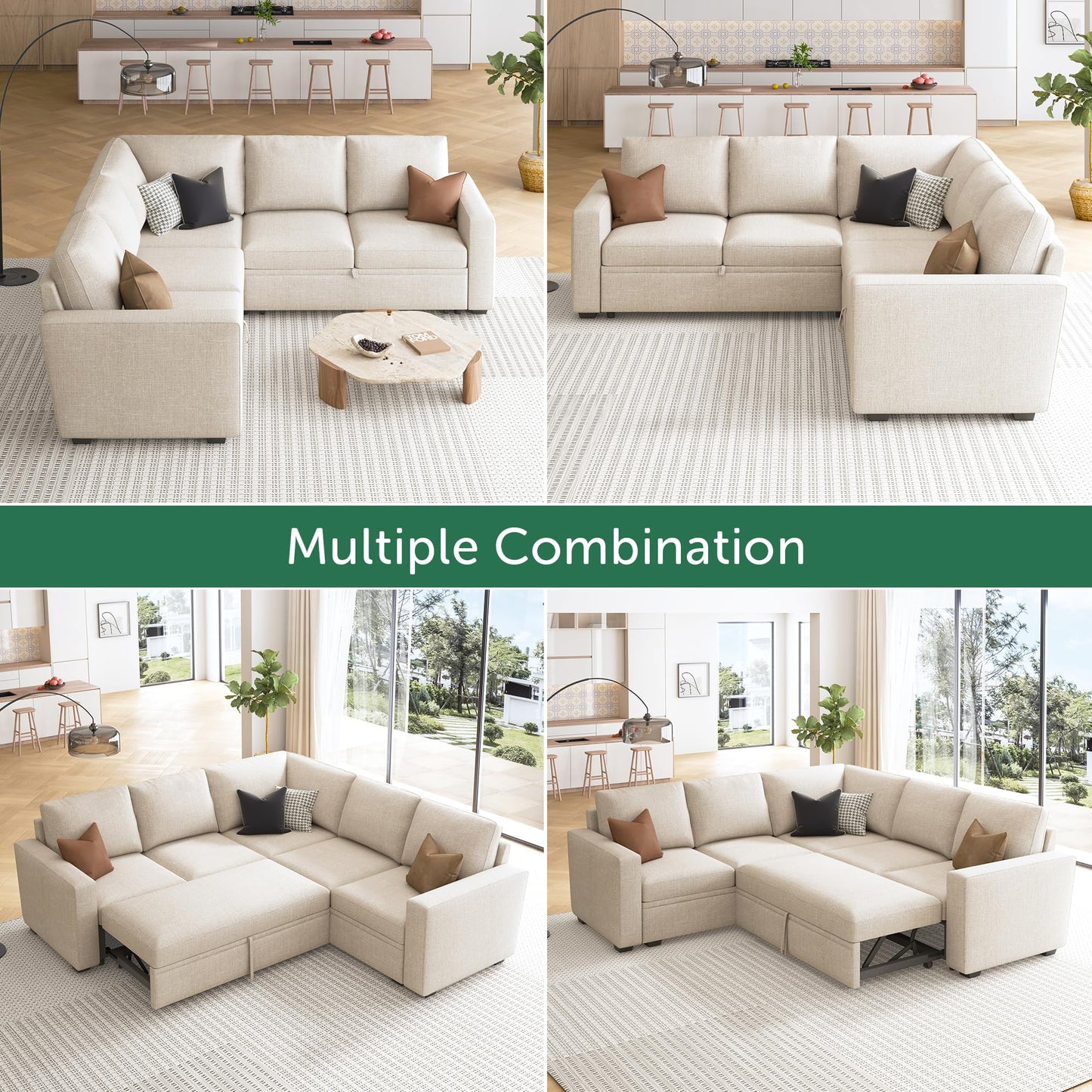 HONBAY Modular Sectional Sleeper Sofa with Pull Out Bed, L Shaped Couch with Storage Seat, Convertible Sectional Couches for Living Room, Beige