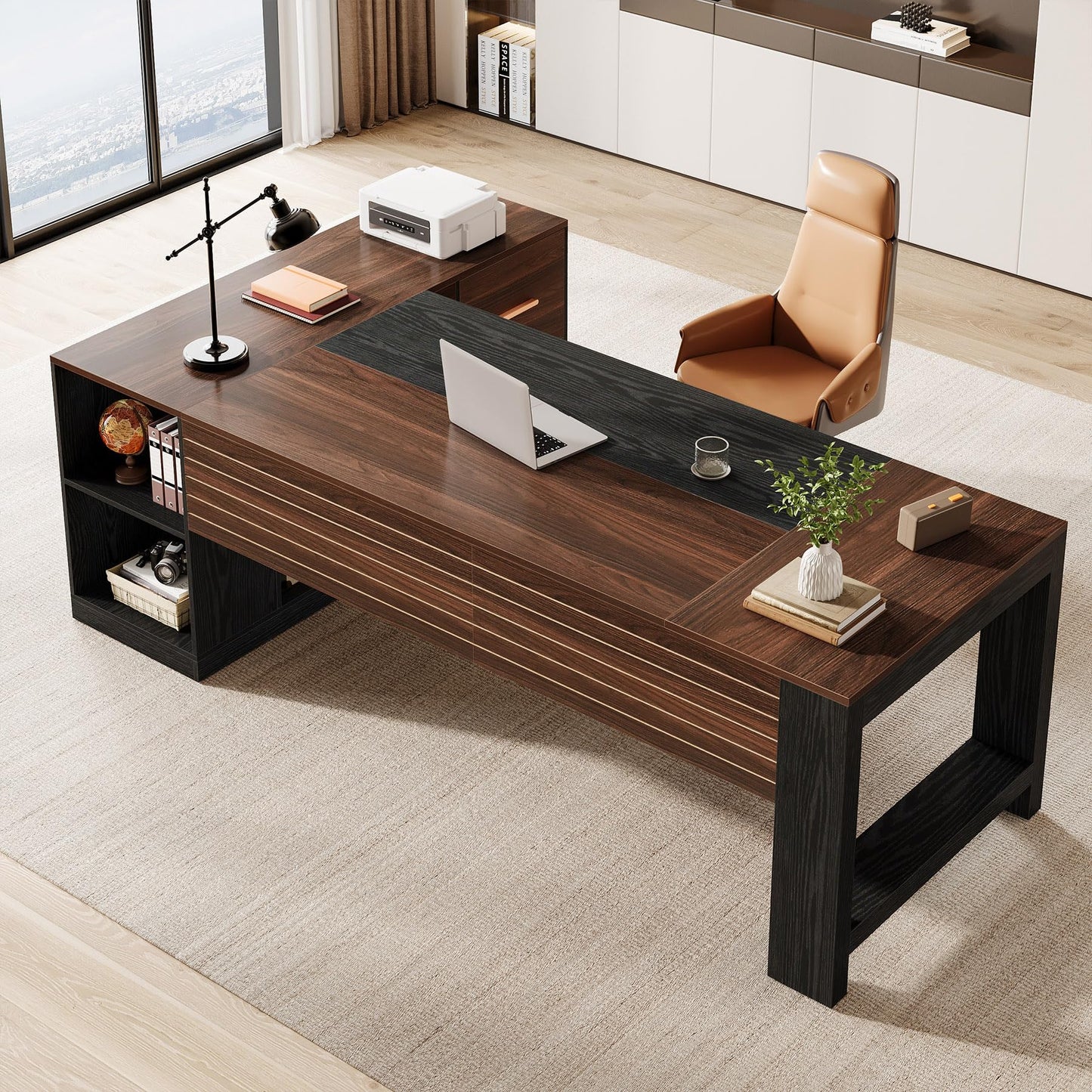 Tribesigns 78" L Shaped Executive Desk, Large Office Computer Desk with Drawers and Lateral File Cabinet, Modern Business Furniture Workstation with Storage Shelves for Home Office