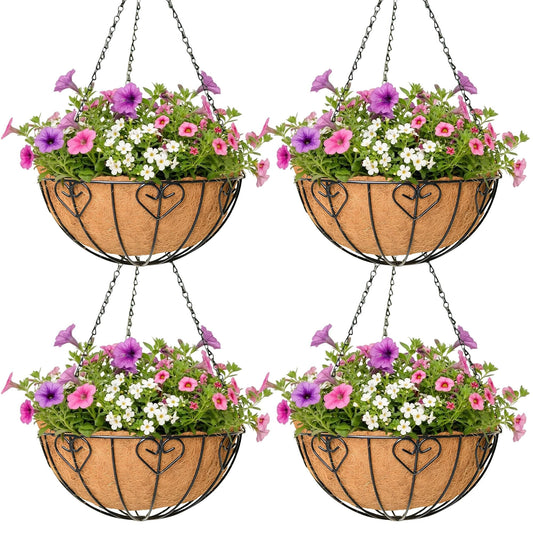 4 Pack Hanging Planter for Outdoor Plants 14 inch Metal Hanging Flower Basket with Coco Coir Liner Round Wire Plant Holder Chain Flower Pots Outdoor Garden Decoration Watering Hanging Baskets（AX）
