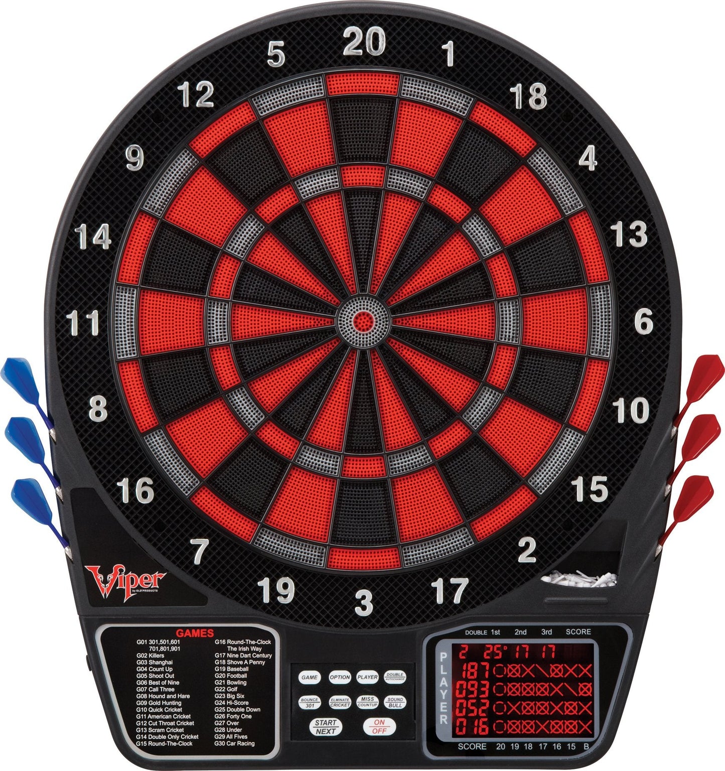 Viper by GLD Products 797 Electronic Dartboard, Quick Access To 301 And Countup From Button Interface, Extended Catch Ring, 11 Square Inch Scoreboard Display, Includes Darts And Extra Tips, 43 Games And 241 Options, Black