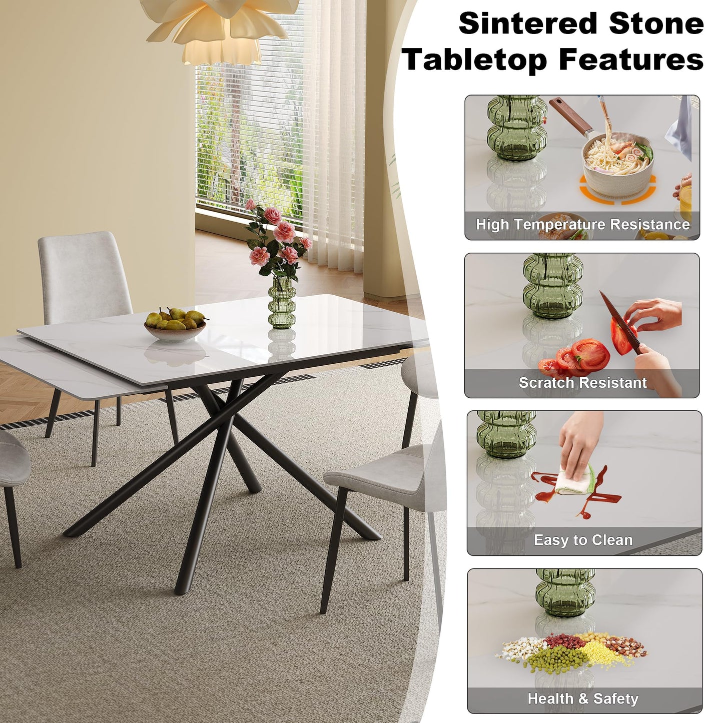 Runboll Extendable Rectangular Dining Table Set for 8, 47"-71" Modern Sintered Stone Kitchen Table with 8 Chairs and Carbon Steel Legs for Dining Room Family Gathering