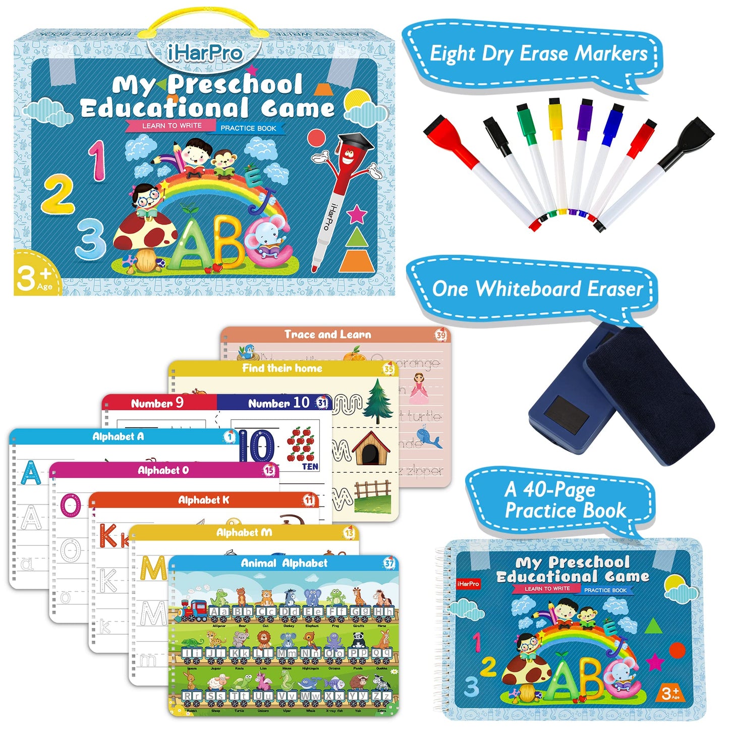 Handwriting Practice - Tracing Books for Kids Ages 3-5, Montessori Preschool Learning Activity, Autism Educational Learn Number Letters Shapes Animal & Sight Words Workbook with 8 Dry Erase Markers