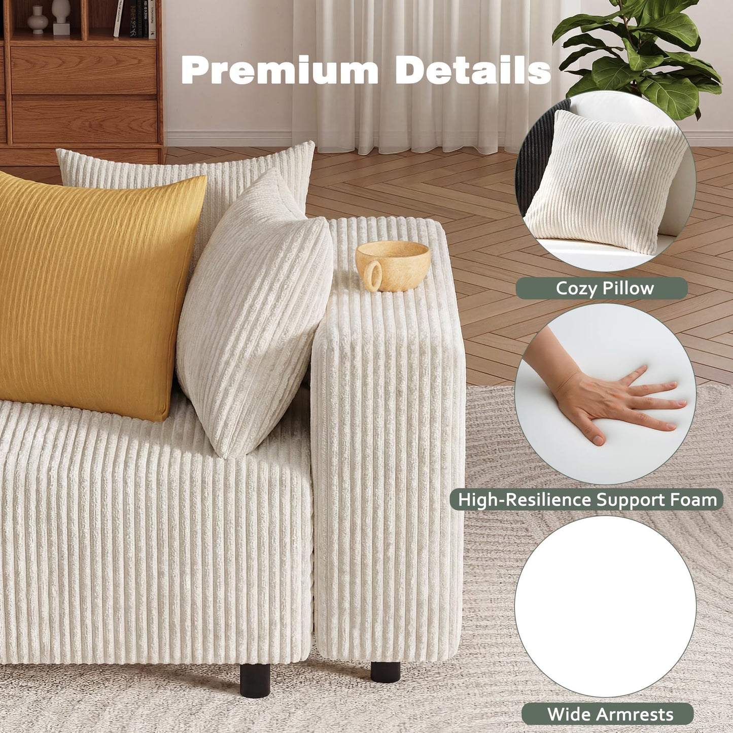 Modern Oversized Modular Sectional Sofa, Boneless Cloud Loveseat with Legs, Corduroy Big Comfy Deep Seat Sofa for Living Room & Apartment（Beige,106″Loveseat）