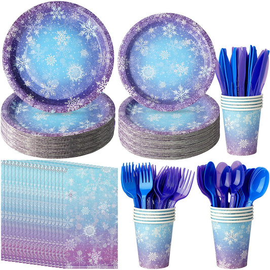 Winter Snowflake Paper Plates and Napkins Set, Blue and Purple Snowflake Winter Wonderland Disposable Tableware for Christmas Winter Holiday New Year Birthday Party Supplies Decorations, Serve 50