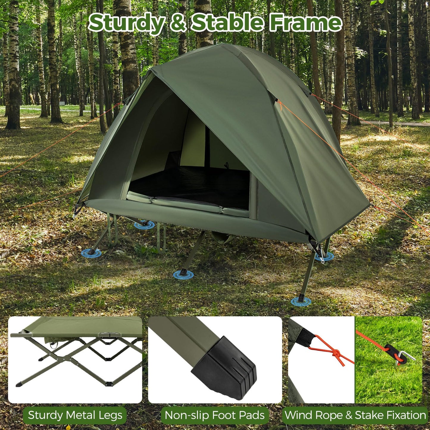 Tangkula 2 Person Tent Cot, Portable Off Ground Elevated Camping Tent with Cot, Removable Rainfly, Wheeled Bag, Stakes & Wind Ropes for Picnic, Hiking, Travel, Beach
