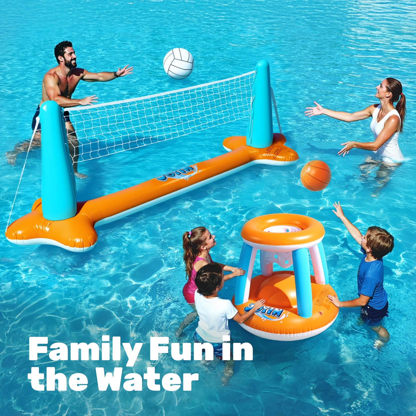 JOYIN Inflatable Pool Float Set Volleyball Net & Basketball Hoops, Floating Swimming Game Toy for Kids and Adults, Summer Floaties, Volleyball Court (105”x28”x38”)|Basketball (27.6”x23”),L-Orange