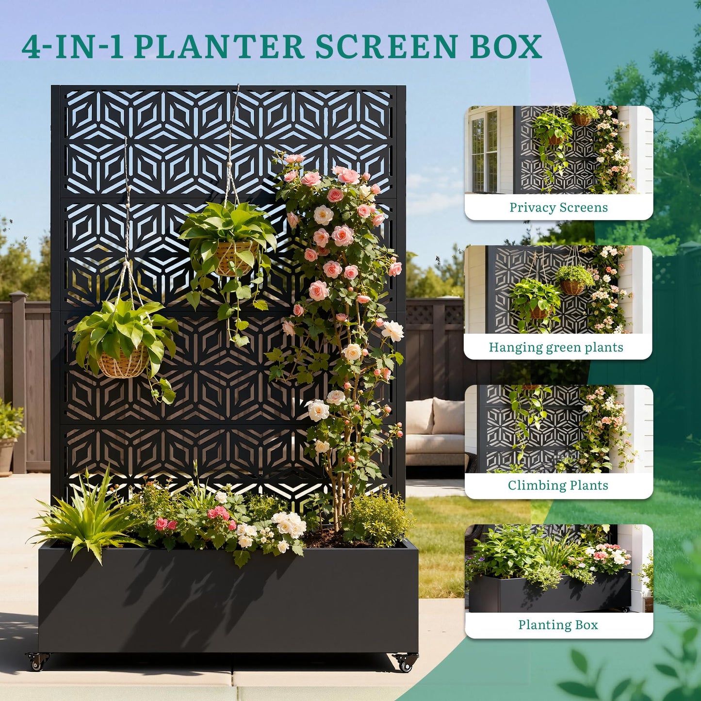 Ultym Metal Planter Box with Trellis, Galvanized Steel Raised Garden Bed with Privacy Screen, Lockable Casters, 73"x47"x16" Planter with Drainage Holes for Outdoor Climbing Plants, Vegetables, Patio