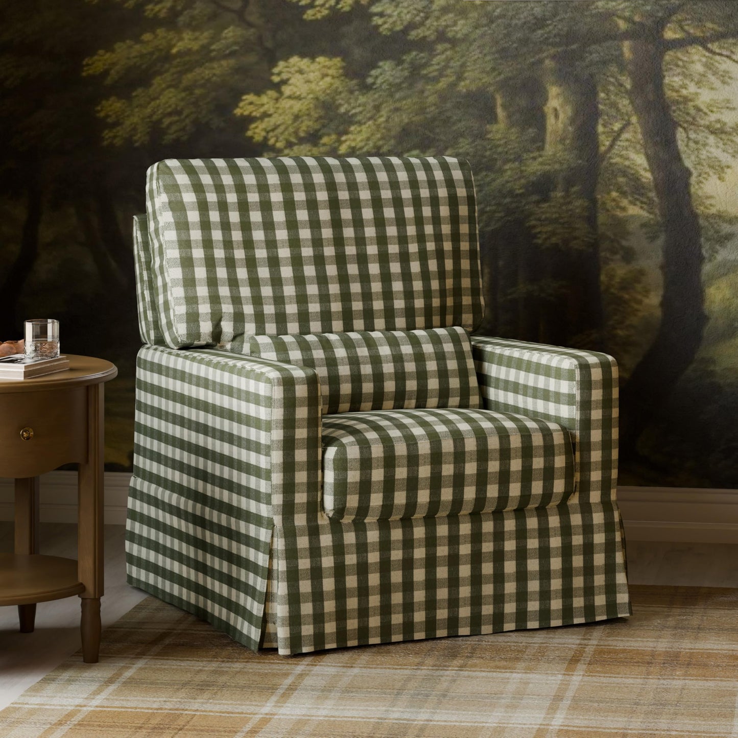 Namesake Crawford Pillowback Comfort Swivel Glider in Green Gingham, Water Repellent & Stain Resistant, Greenguard Gold & CertiPUR-US Certified