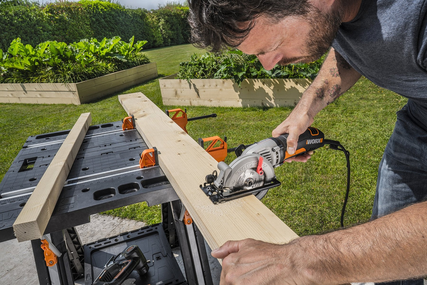 Worx Pegasus 2-in-1 Folding Work Table & Sawhorse, Easy Setup Portable Workbench, 31" W x 25" D x 32" H Lightweight Worktable with Heavy-Duty Load Capacity, WX051 - Includes 2 Clamps & 4 Clamp Dogs